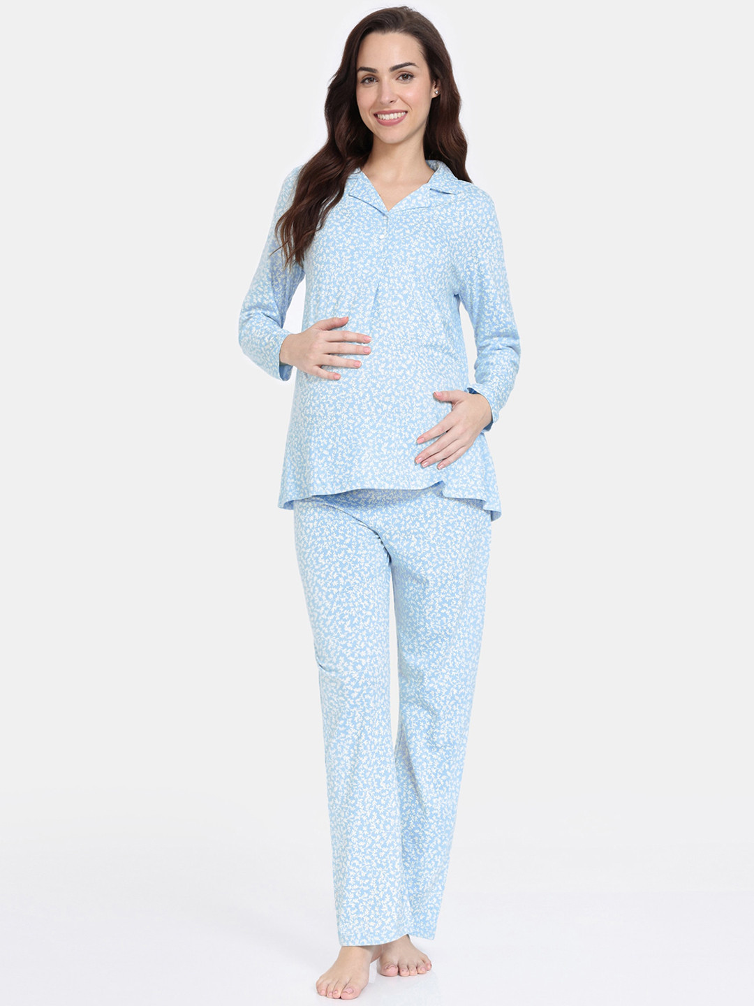 

Zivame Floral Printed Pure Cotton Maternity Night Suit, Blue