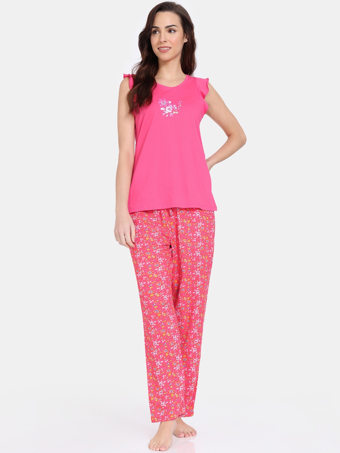 

Zivame Floral Printed Round Neck Night suit, Pink