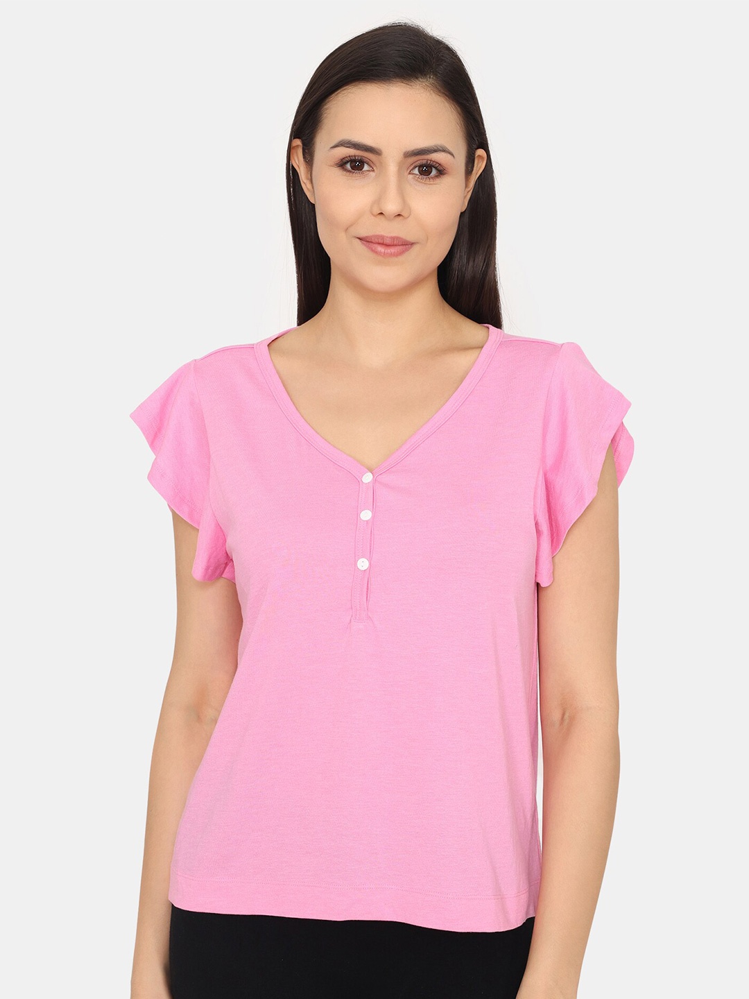 

Zivame V-Neck Flared Sleeves Cotton Top, Pink