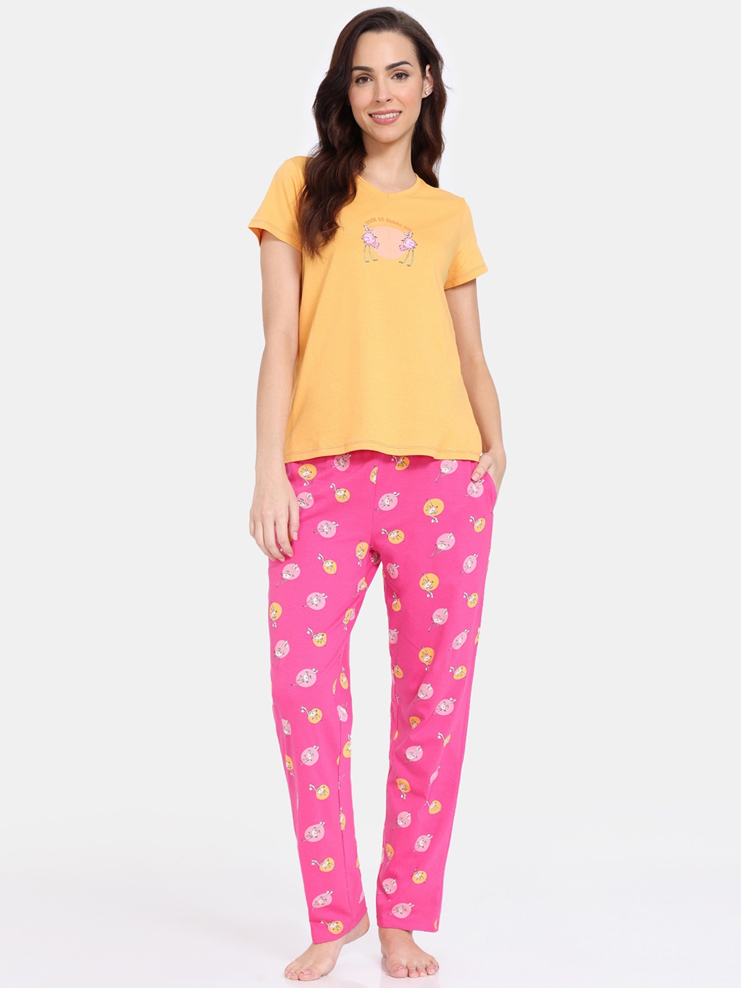 

Zivame Graphic Printed Round Neck Pure Cotton Night suit, Yellow