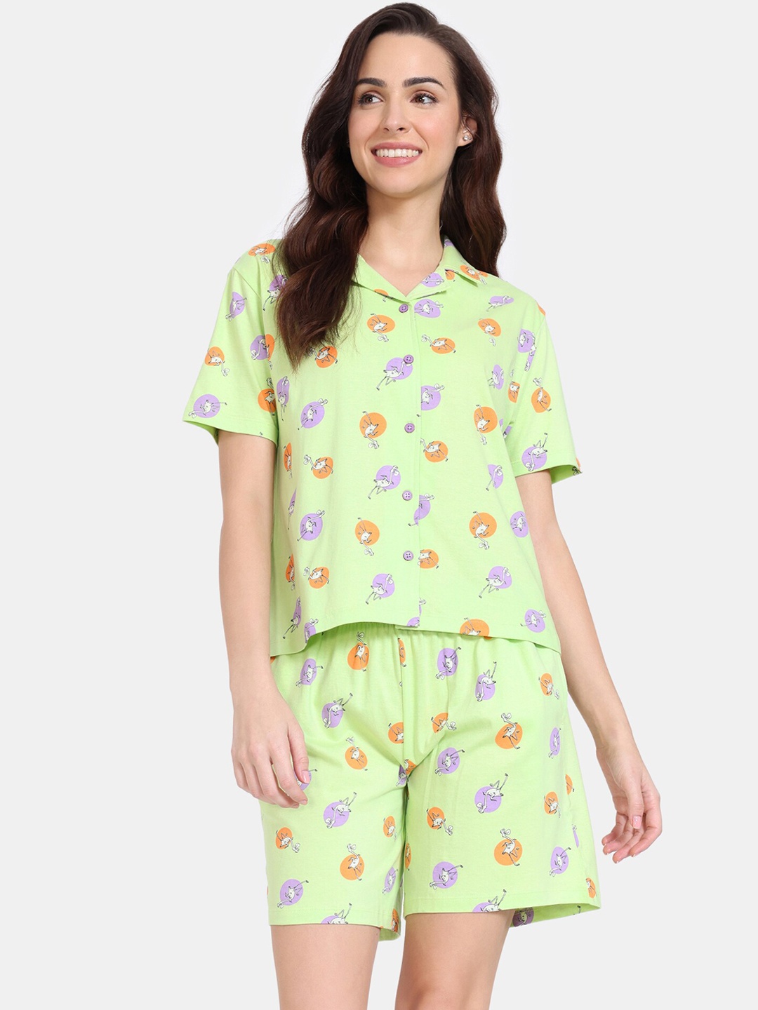

Zivame Conversational Printed Lapel Collar Pure Cotton Night suit, Green