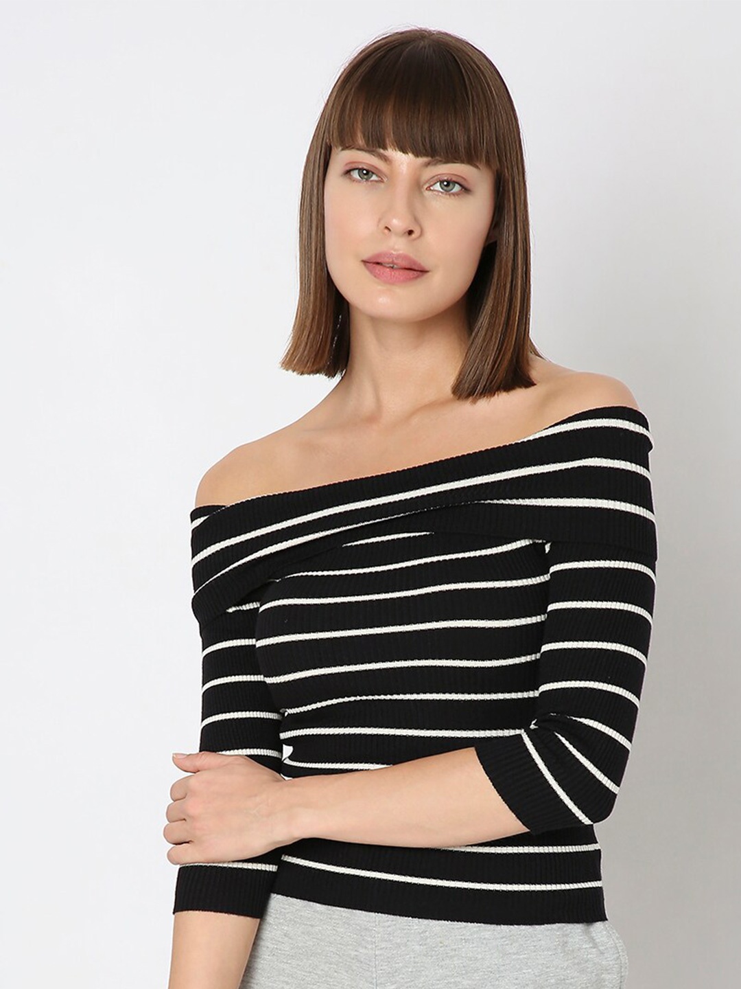 

Vero Moda Vertical Striped Off-Shoulder Fitted Top, Black