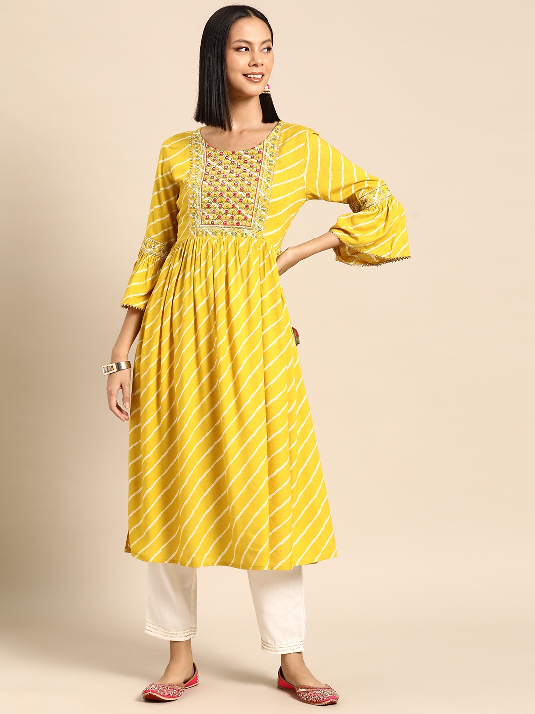 

RANGMAYEE Women Yoke Design Bell Sleeves Mirror Work Kurta, Yellow