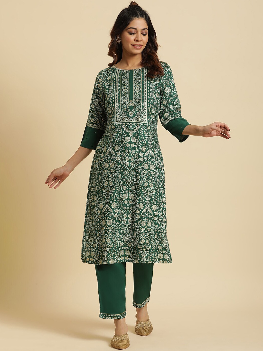 

W Floral Printed Straight Kurta, Green