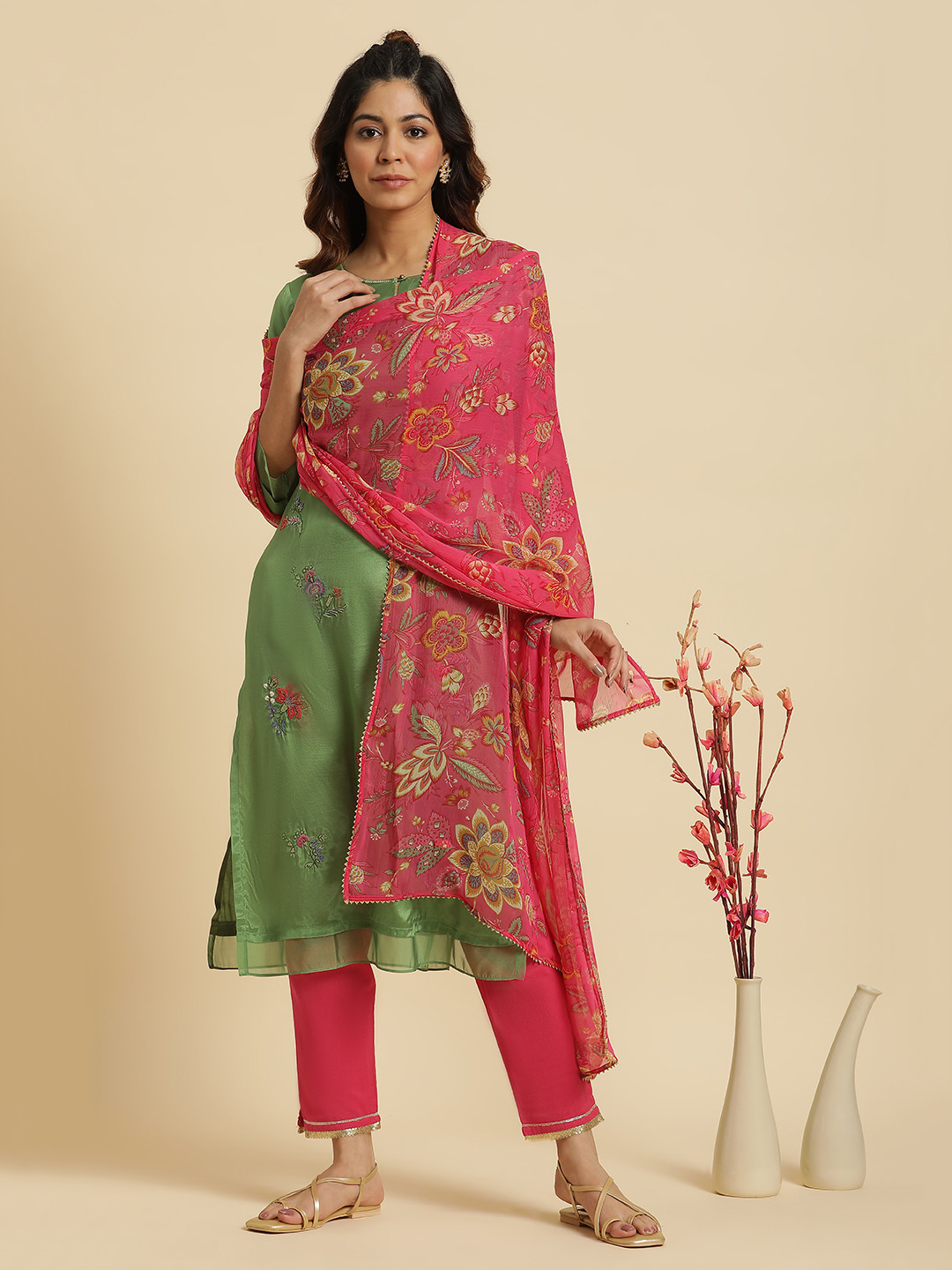 

W Pink & Green Floral Printed Dupatta With Gotta Patti
