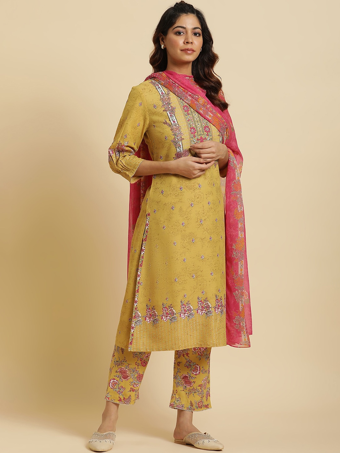 

W Floral Printed Regular Gotta Patti Detail Kurta With Trousers & Dupatta, Yellow