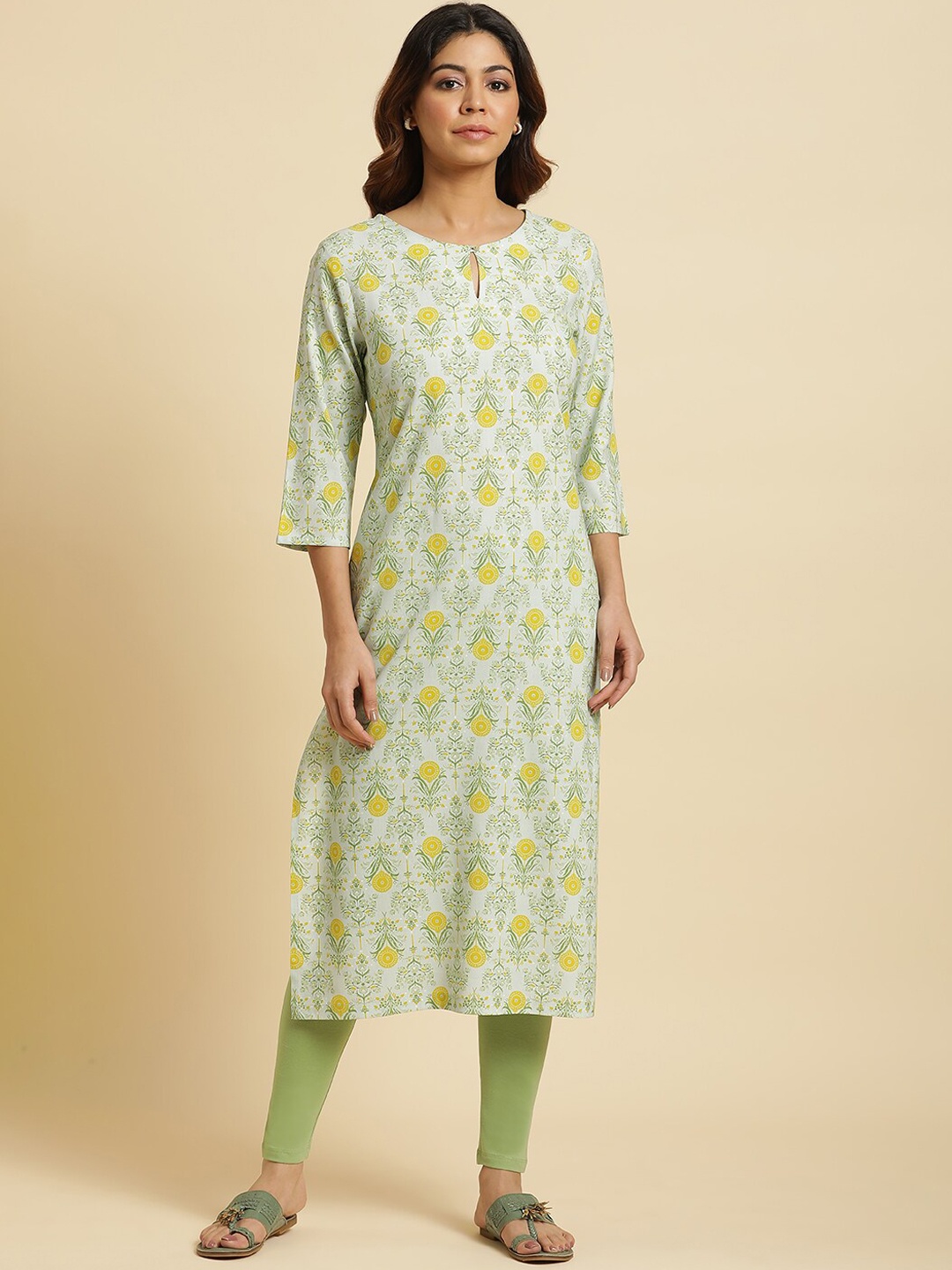 

W Women Floral Printed Keyhole Neck Straight Kurta, Green