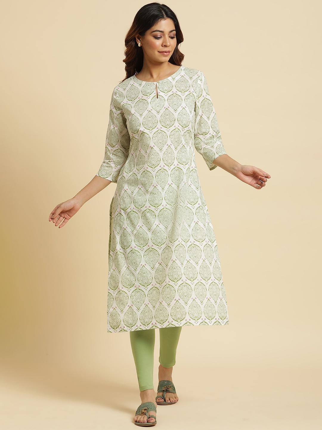 

W Ethnic Motifs Printed Pure Cotton Straight Kurta, White