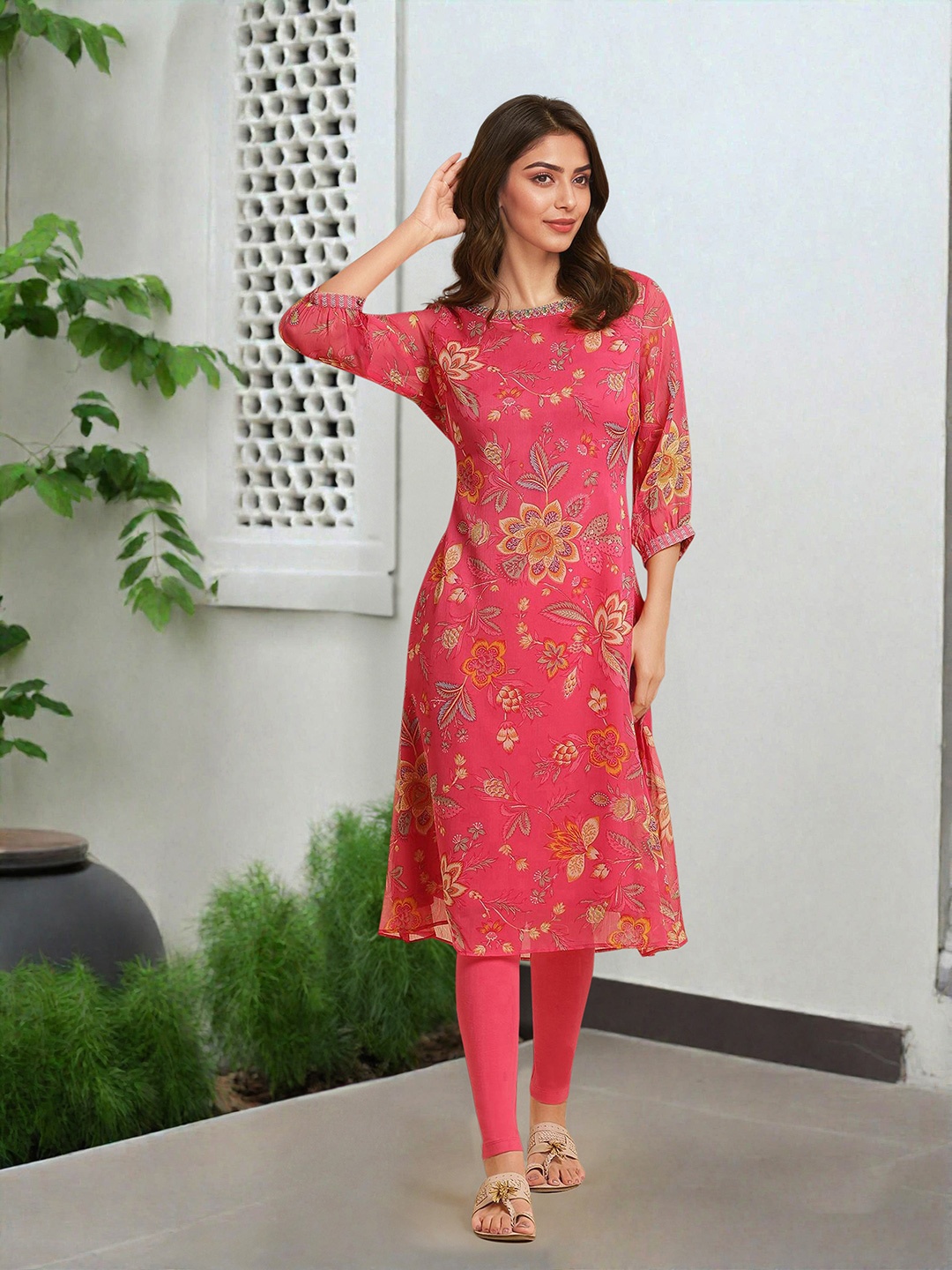 

W Women Floral Printed A-Line Kurta, Pink