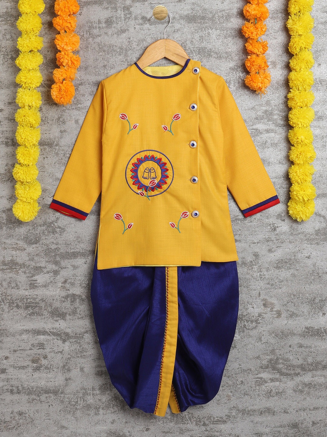 

BAESD Boys Embroidered Straight Kurta with Dhoti Pants, Yellow