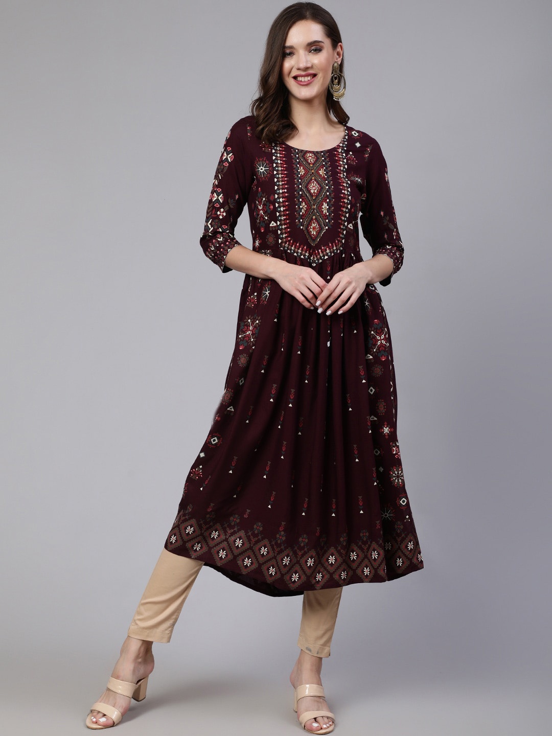 

KALINI Ethnic Motifs Printed Beads & Stones Pleated Kurta, Purple