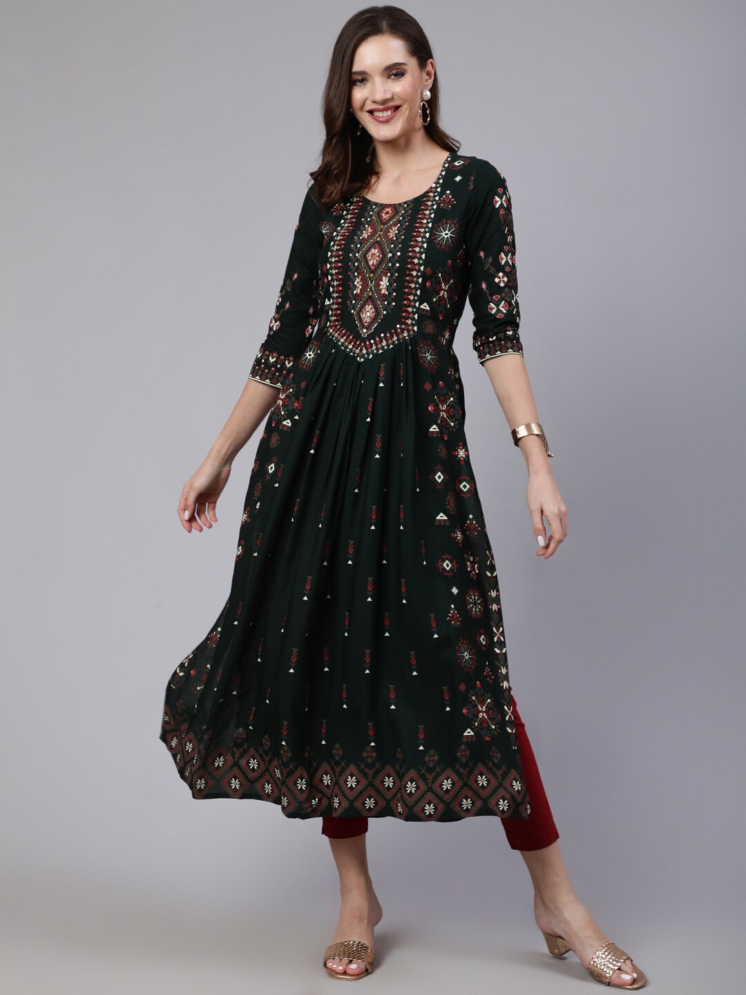 

KALINI Ethnic Motifs Printed Beads & Stones Pleated Kurta, Green