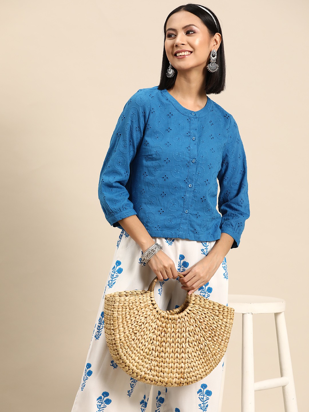 

Sangria Women Self Design Schiffli Top with Palazzos, Blue