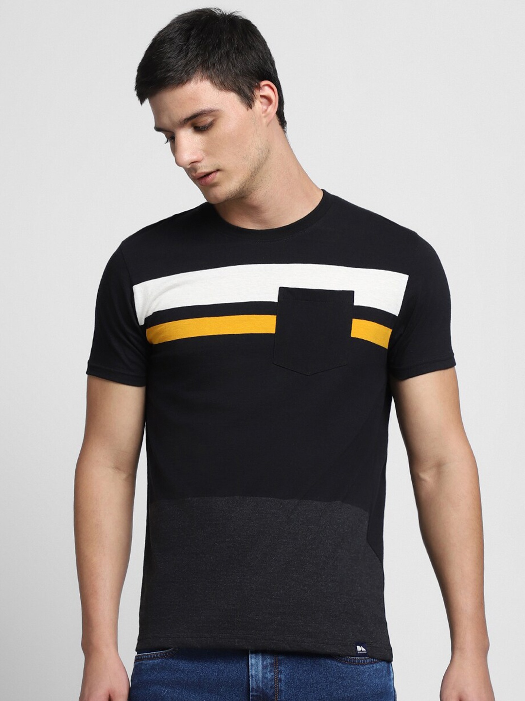 

Dennis Lingo Colourblocked Slim Fit Pure Cotton T-shirt, Black