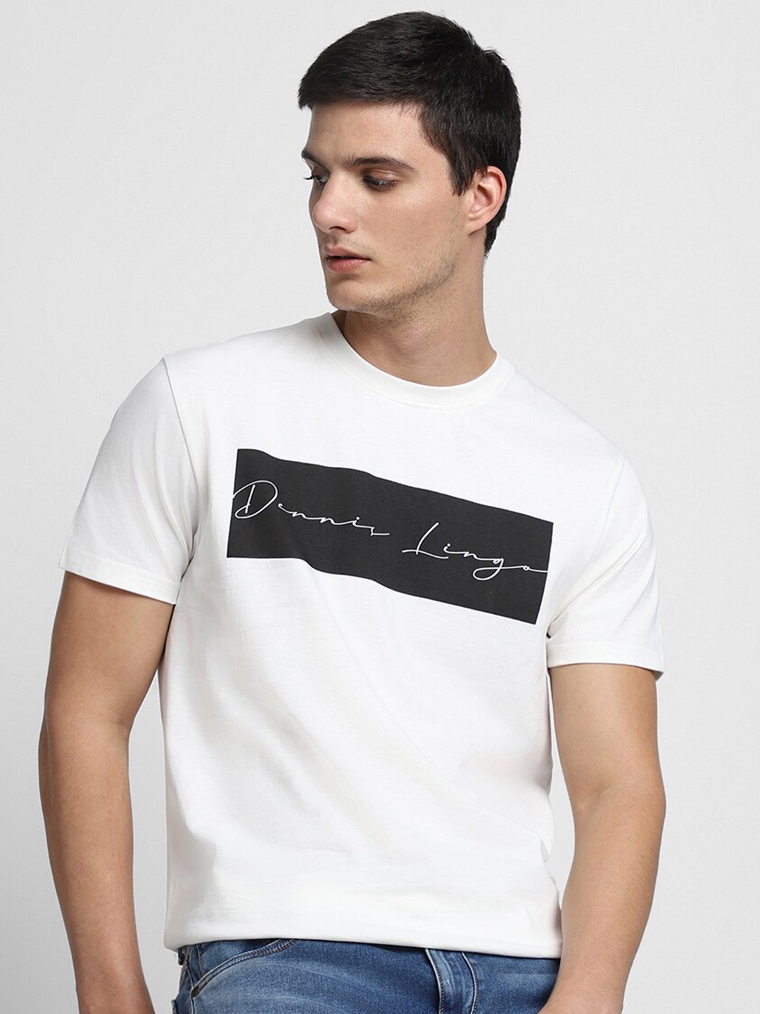 Dennis Lingo Typography Printed Slim Fit Pure Cotton T-shirt, White