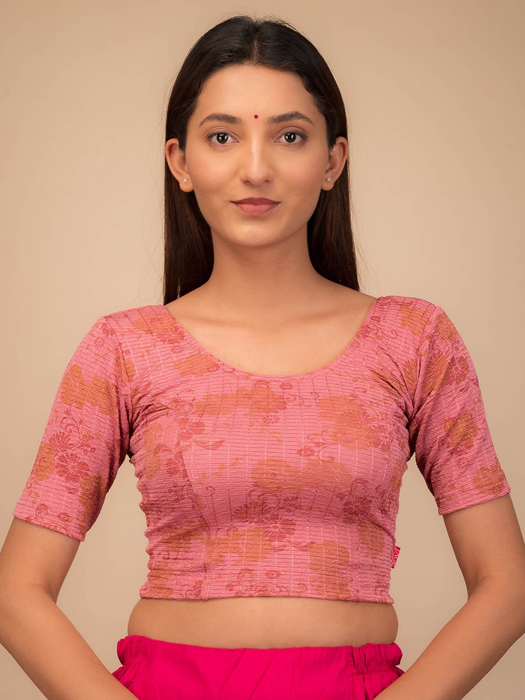

Bindigasm's Advi Floral Printed Round Neck Jacquard Saree Blouse, Pink