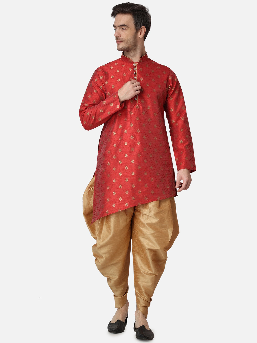 

ROYAL KURTA Ethnic Motifs Achkan Kurta With Dhoti Pants, Maroon