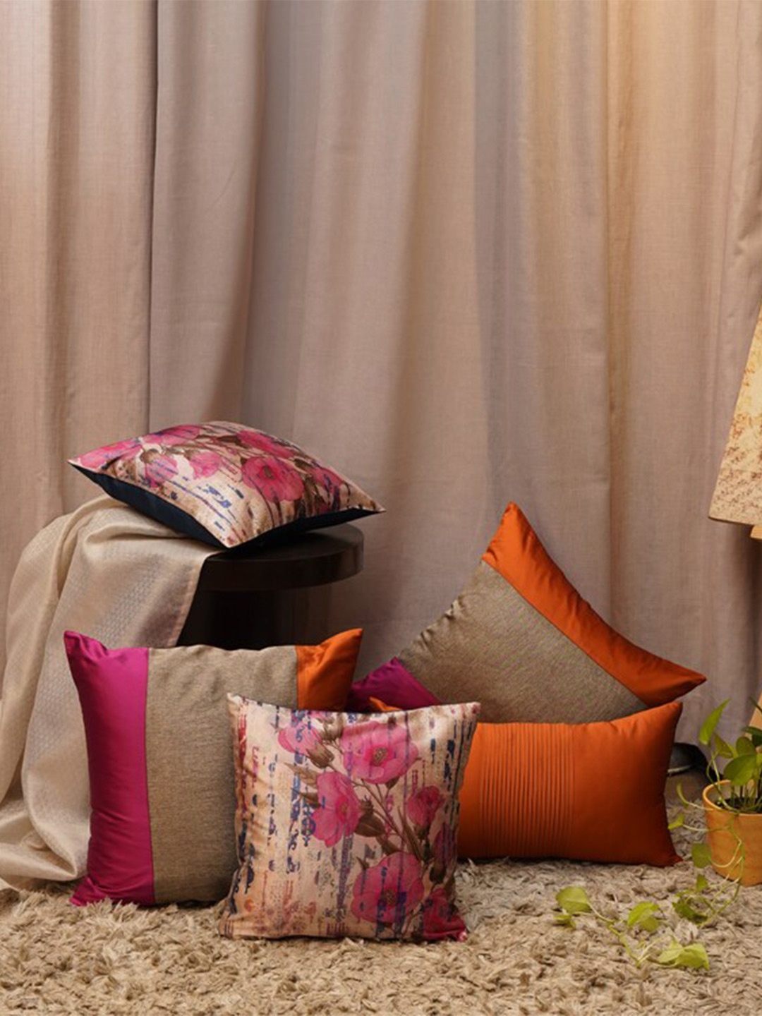 

ZEBA Pink & Brown 5 Pieces Floral Square & Rectangle Cushion Covers
