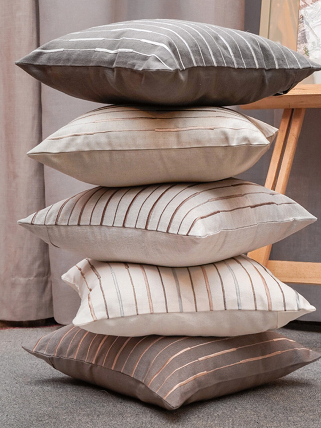 

ZEBA Grey & White 5 Pieces Striped Square Cushion Covers