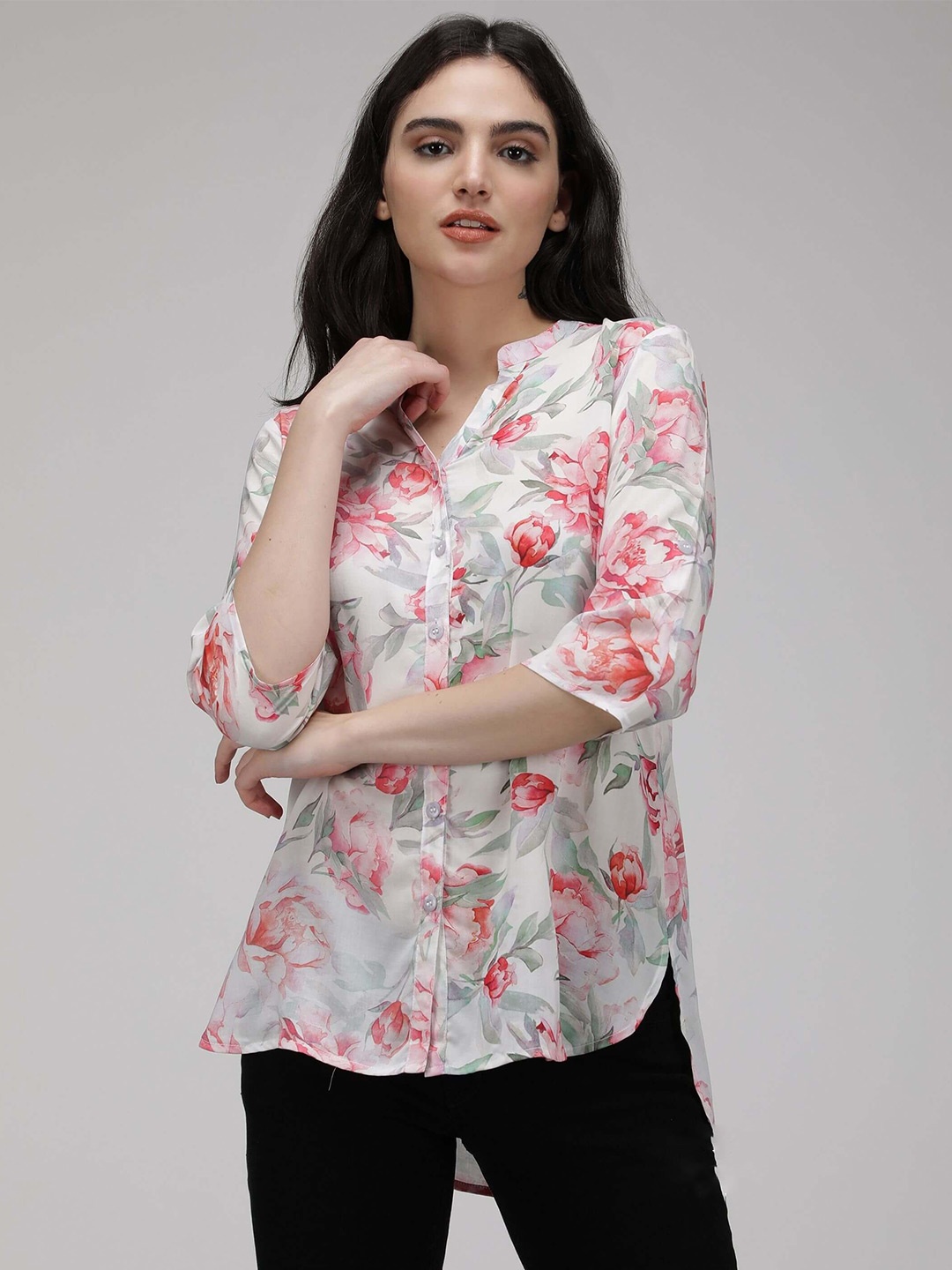 

IDK White Floral Printed Mandarin Collar Shirt Style Top