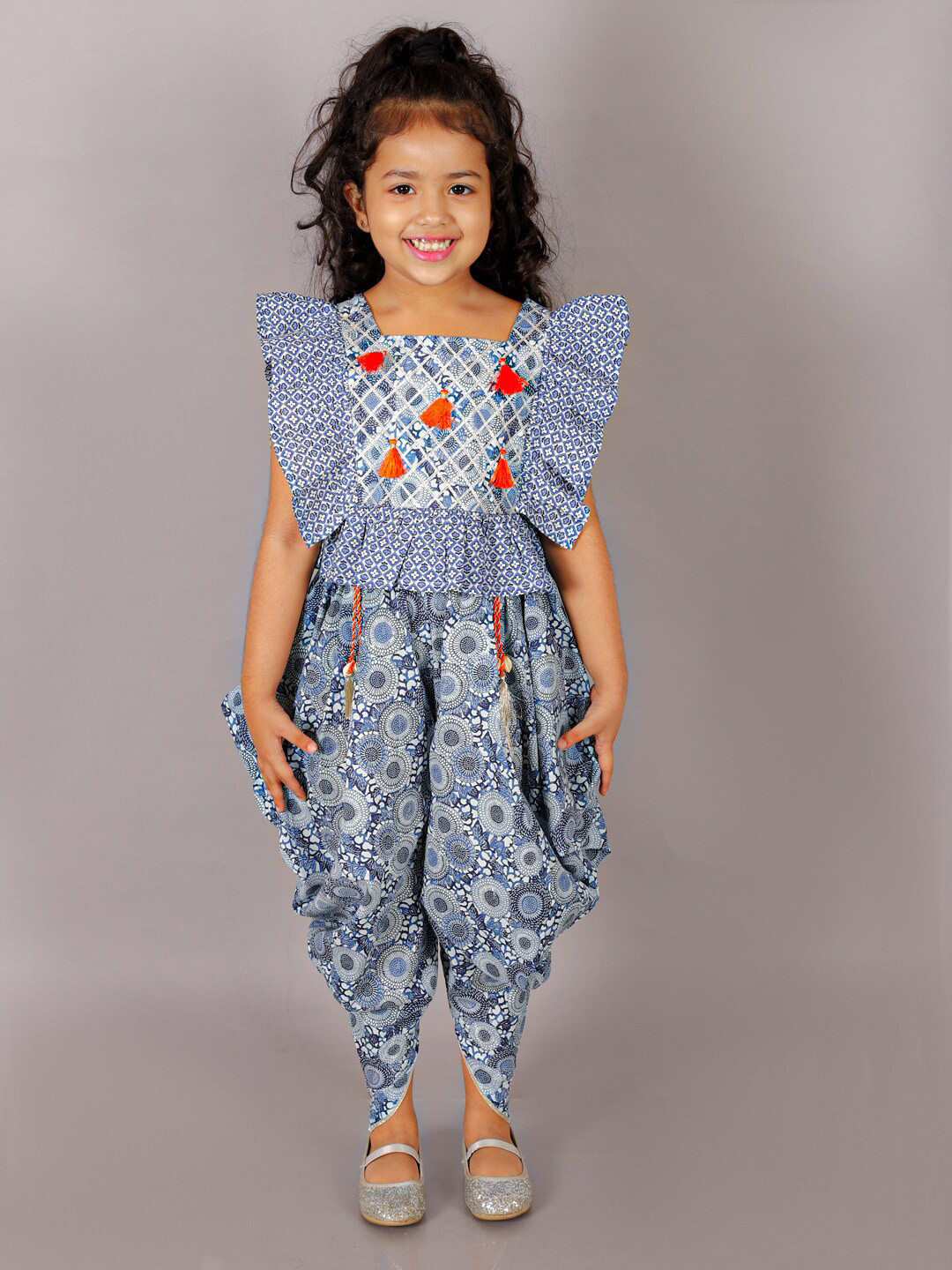 

LIL DRAMA Girls Printed Pure Cotton Top with Dhoti Pants, Blue