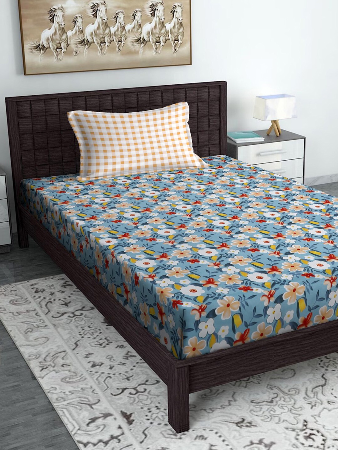 

SOKNACK Red & Yellow Floral Polycotton 300 TC Single Bedsheet With 1 Pillow Cover