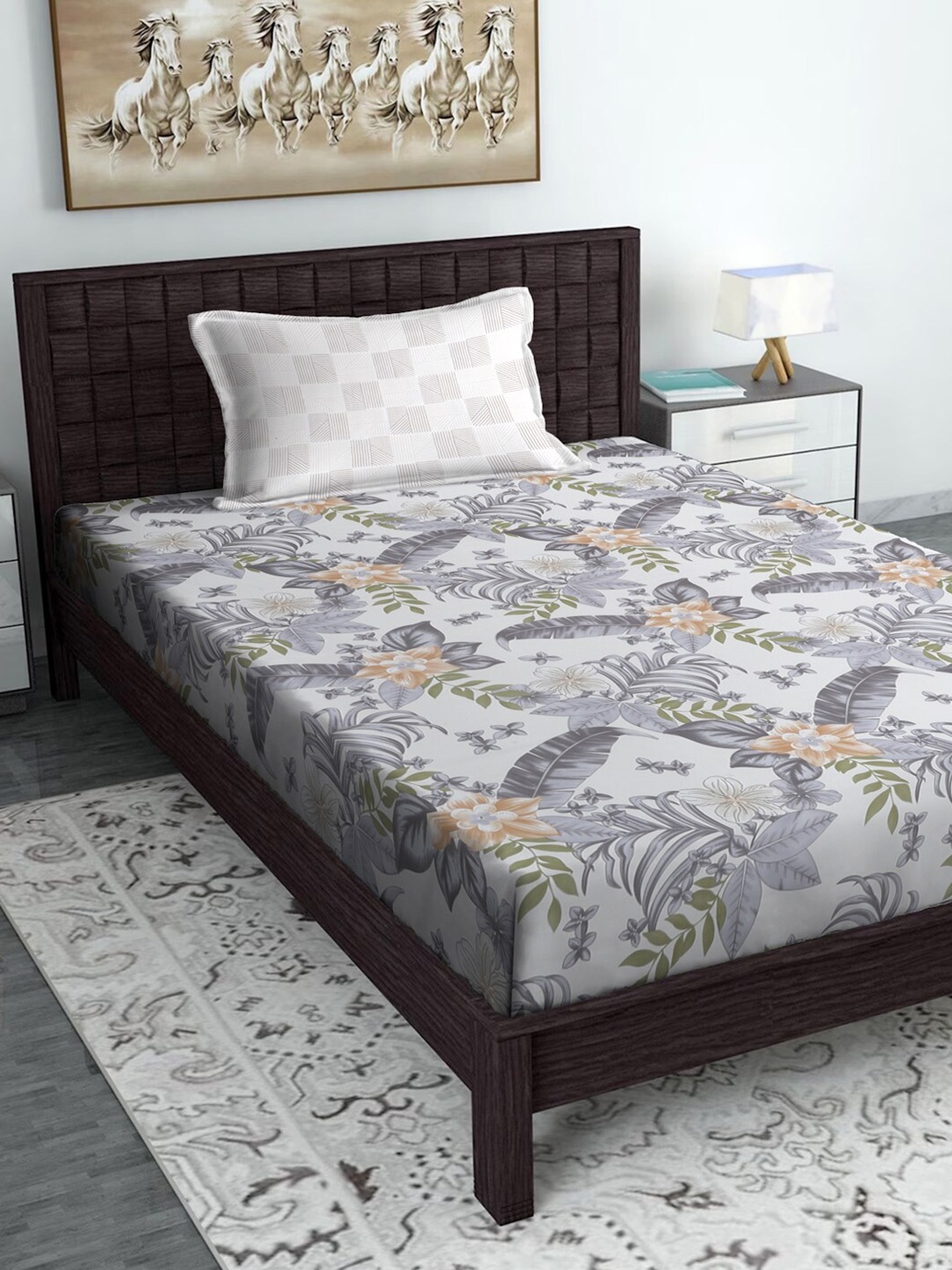 

SOKNACK Grey & Peach-Coloured Floral 300 TC Single Bedsheet with 1 Pillow Cover