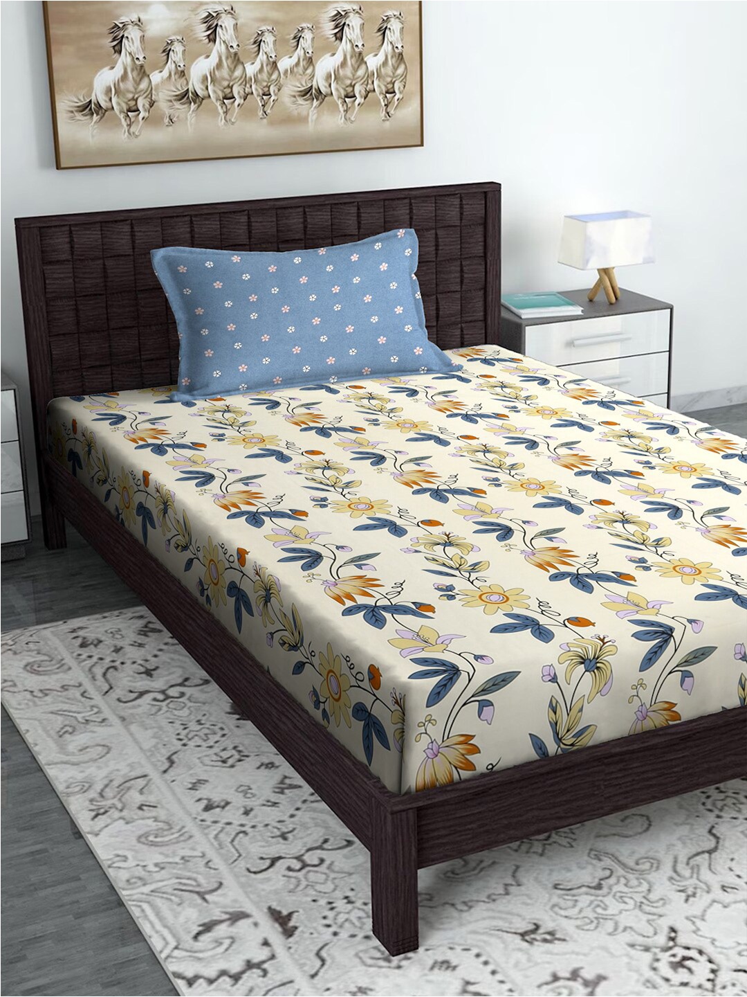 

SOKNACK Beige & Blue Floral 300 TC Fitted Single Bedsheet with 1 Pillow Cover