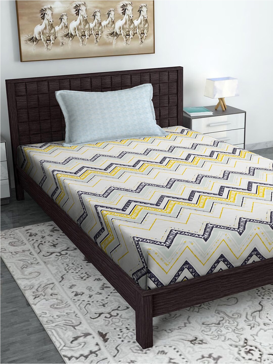 

SOKNACK White & Black Polycotton 300 TC Single Bedsheet With 1 Pillow Cover
