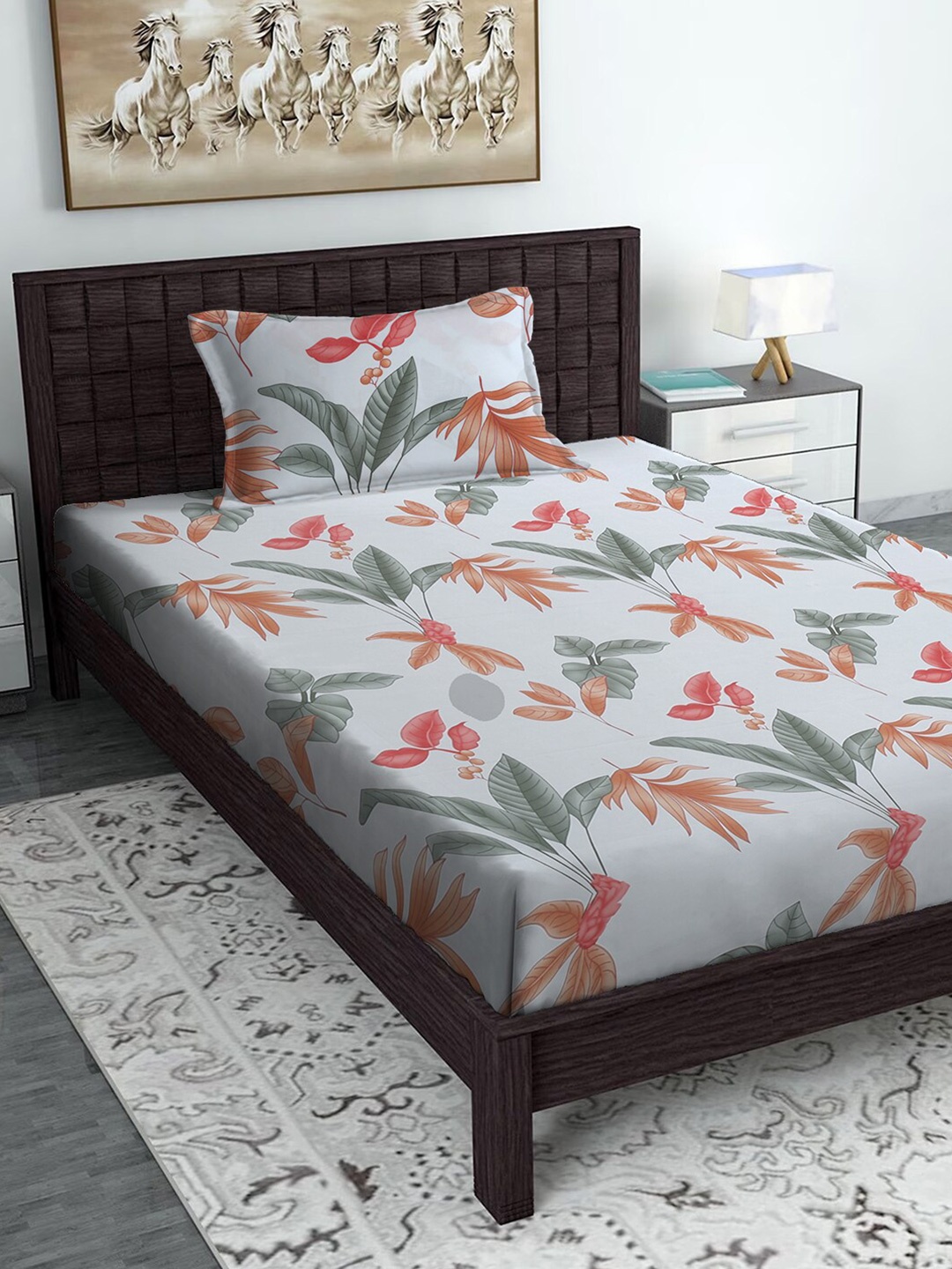 

SOKNACK Grey & Red Floral 300 TC Fitted Single Bedsheet with 1 Pillow Cover