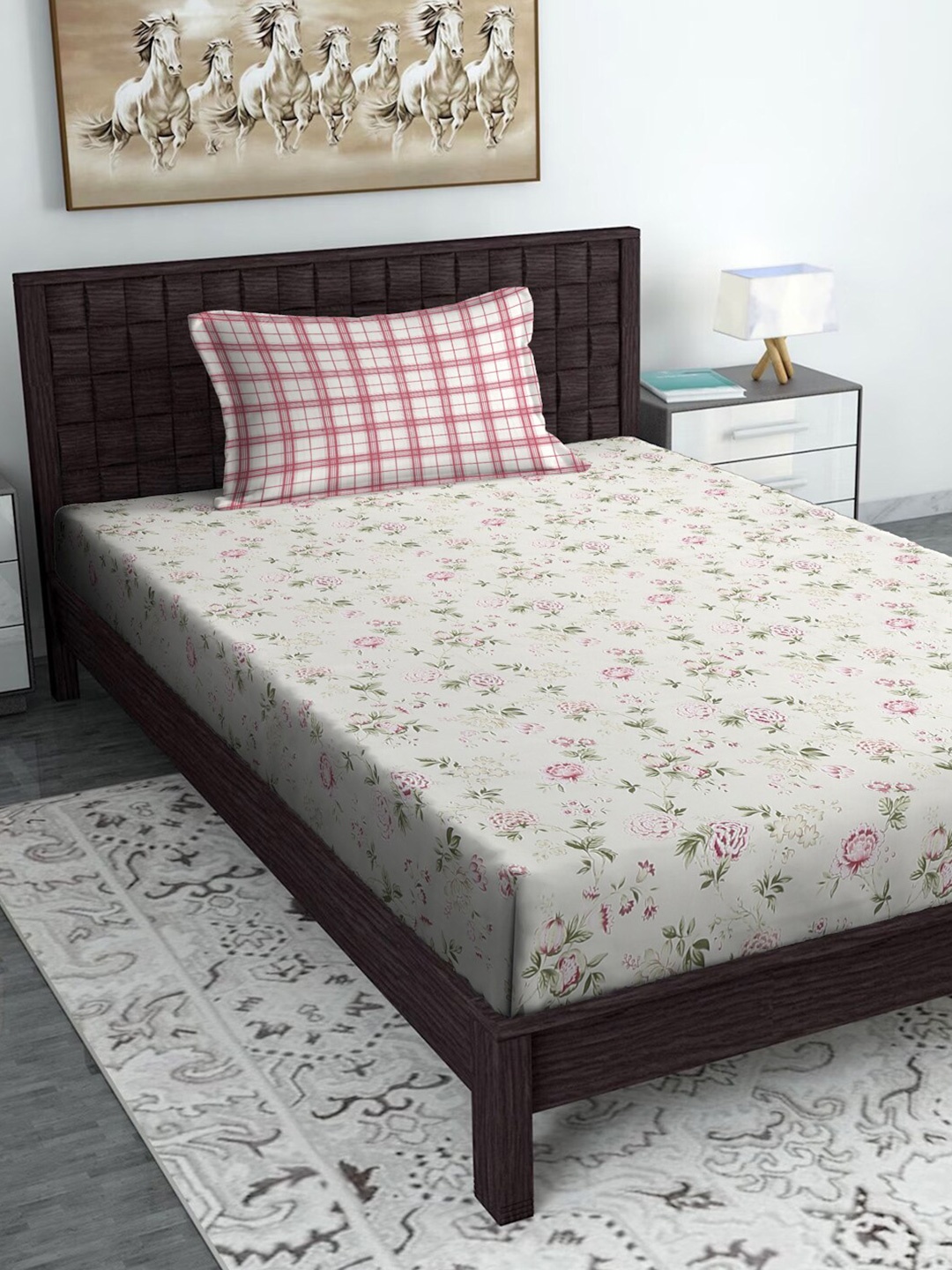 

SOKNACK Green & Pink Floral Polycotton 300 TC Single Bedsheet With 1 Pillow Cover