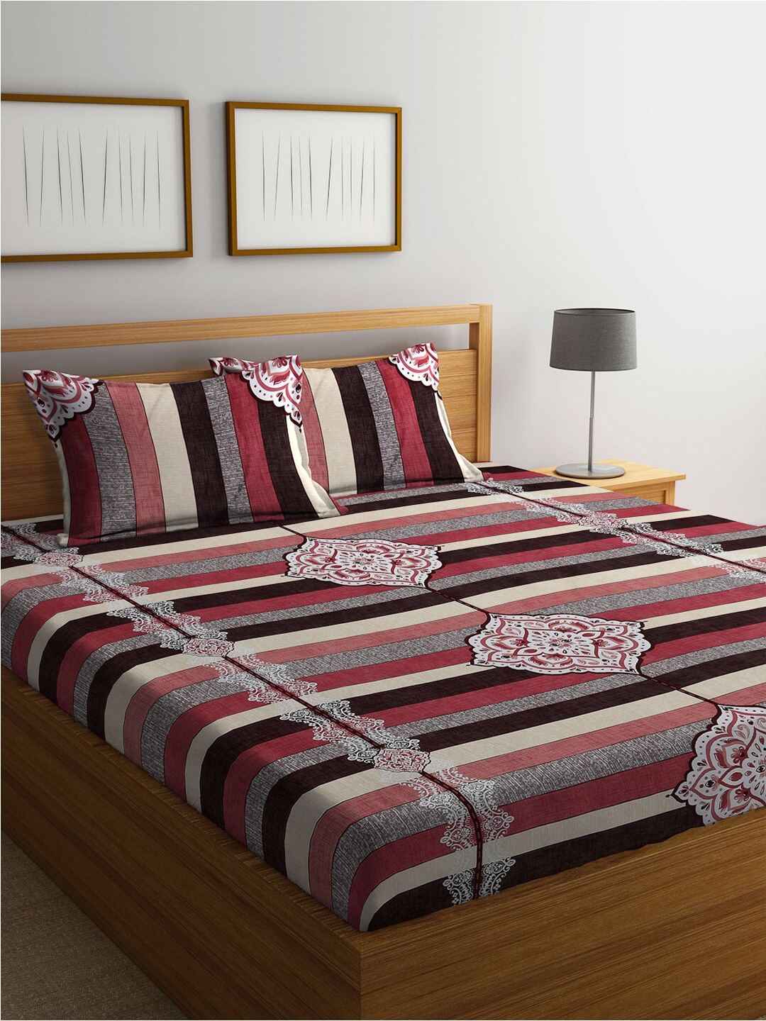 

FABINALIV Black & Maroon Printed 300 TC King Bedsheet with 2 Pillow Covers