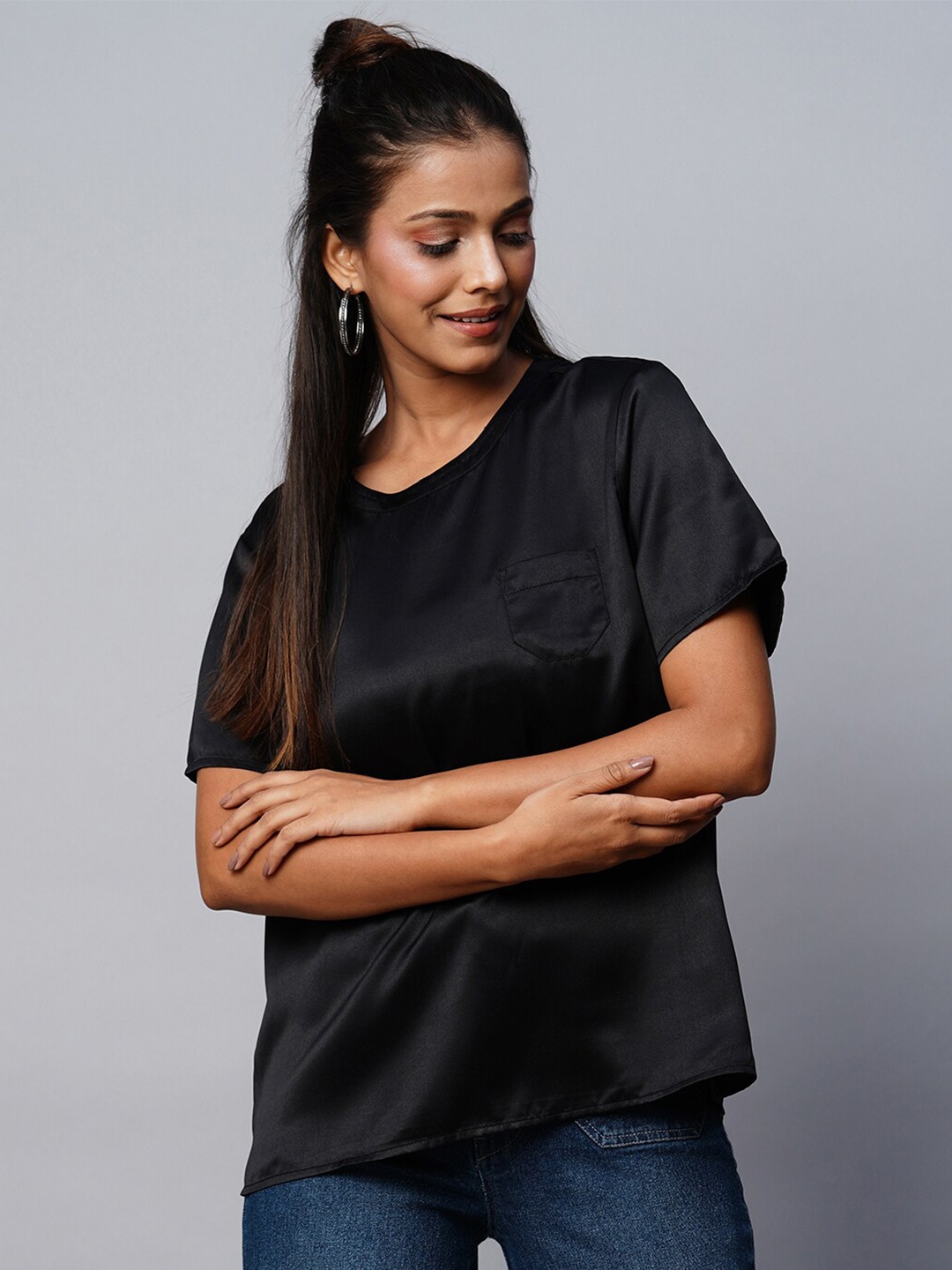 

Chemistry Round Neck Satin Top, Black