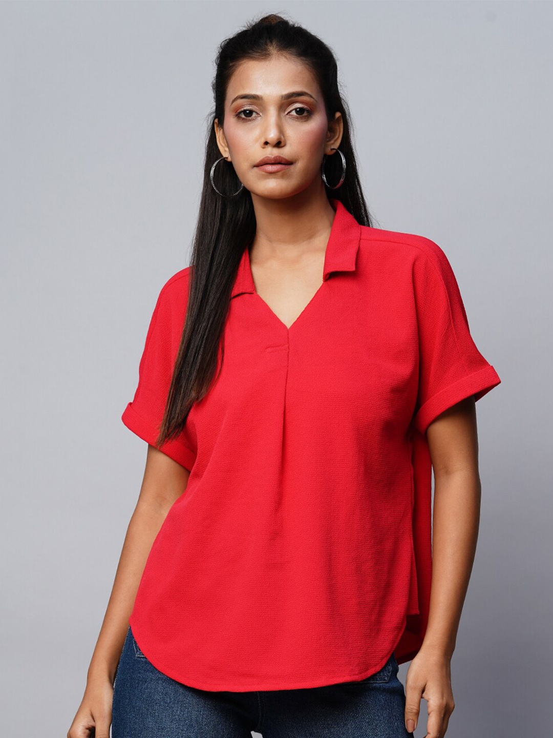 

Chemistry Shirt Collar Extended Sleeves Regular Top, Red