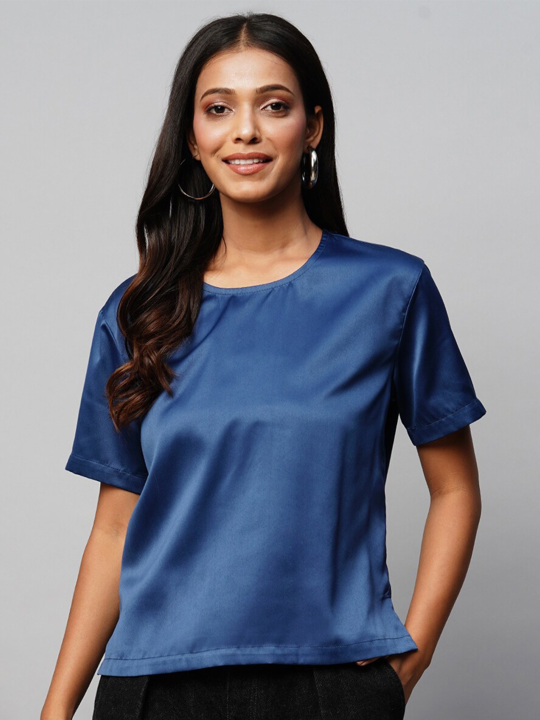 

Chemistry Round Neck Satin Silk Top, Blue