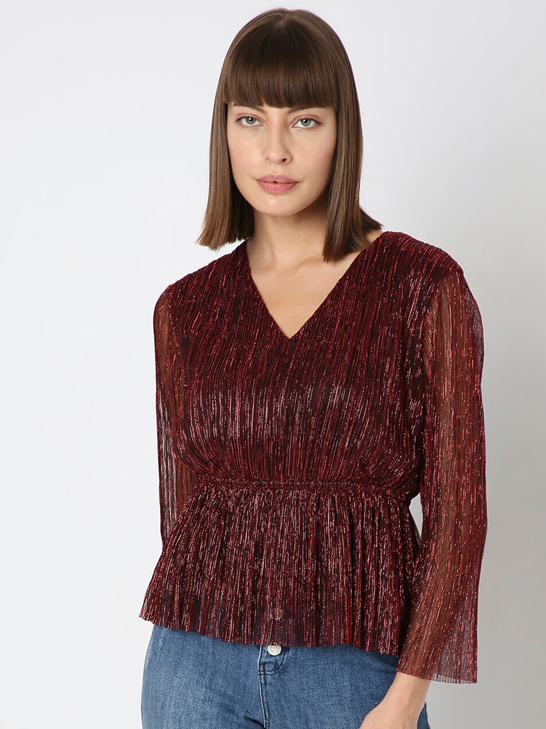 

Vero Moda Self Design V-Neck Long Sleeve Gathered Cinched Waist Top, Maroon