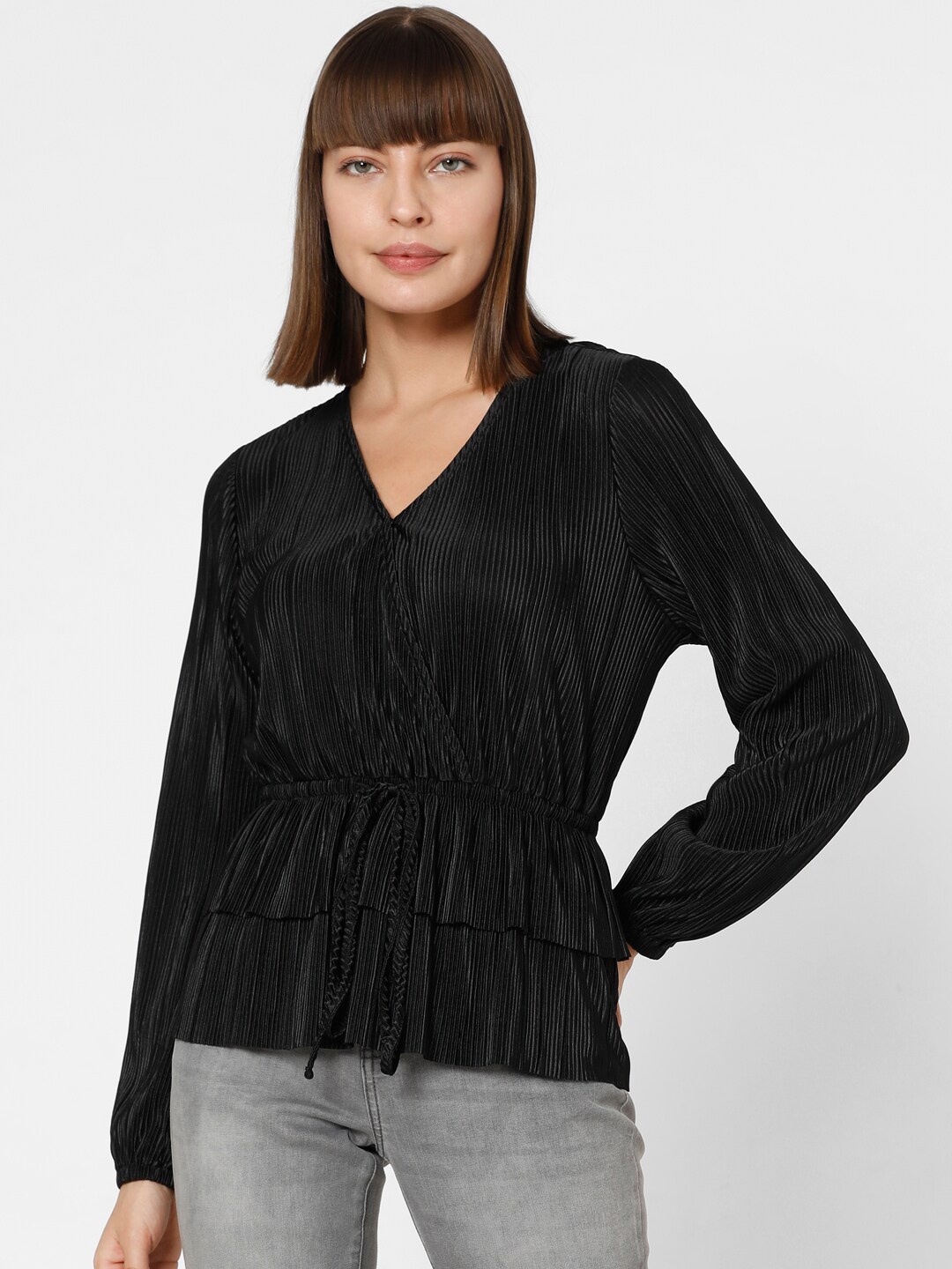 

Vero Moda Self Design V-Neck Long Sleeve Layered Cinched Waist Top, Black