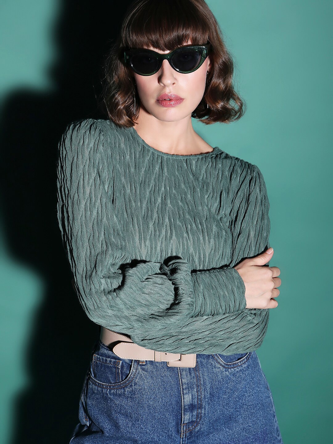 

Vero Moda Round Neck Self Design Top, Green