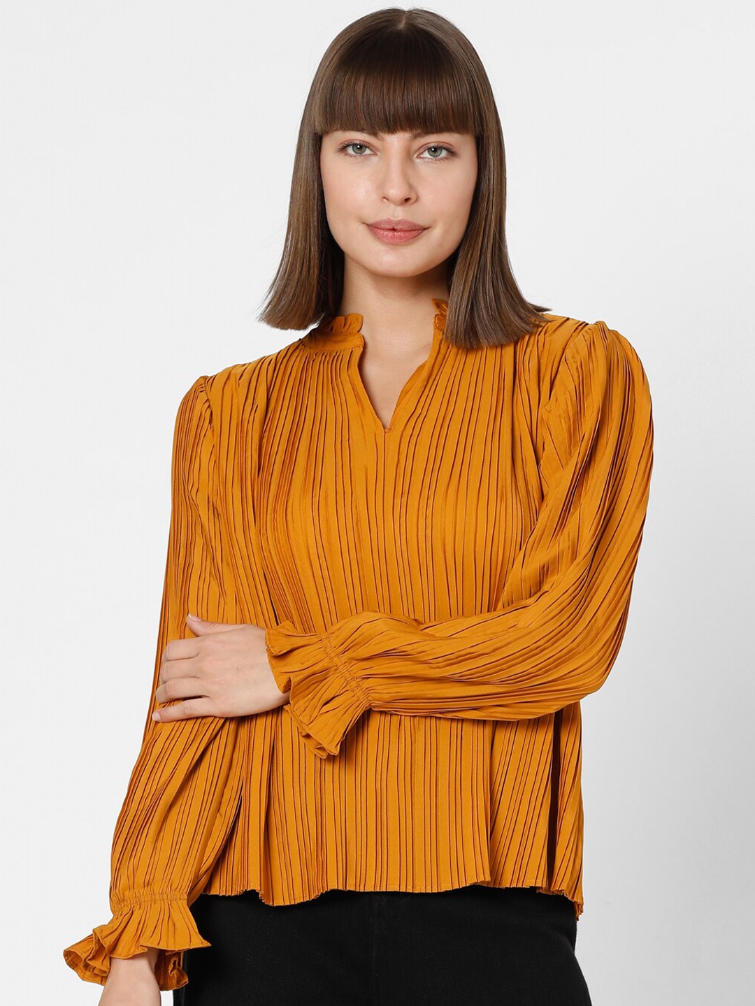 

Vero Moda Self Design Mandarin Collar Bell Sleeves Top, Yellow