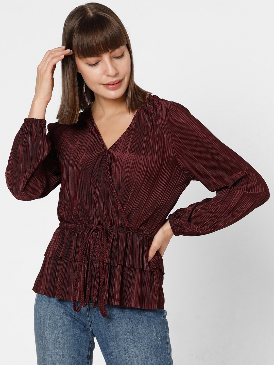 

Vero Moda Self Design V-Neck Cinched Waist Top, Maroon