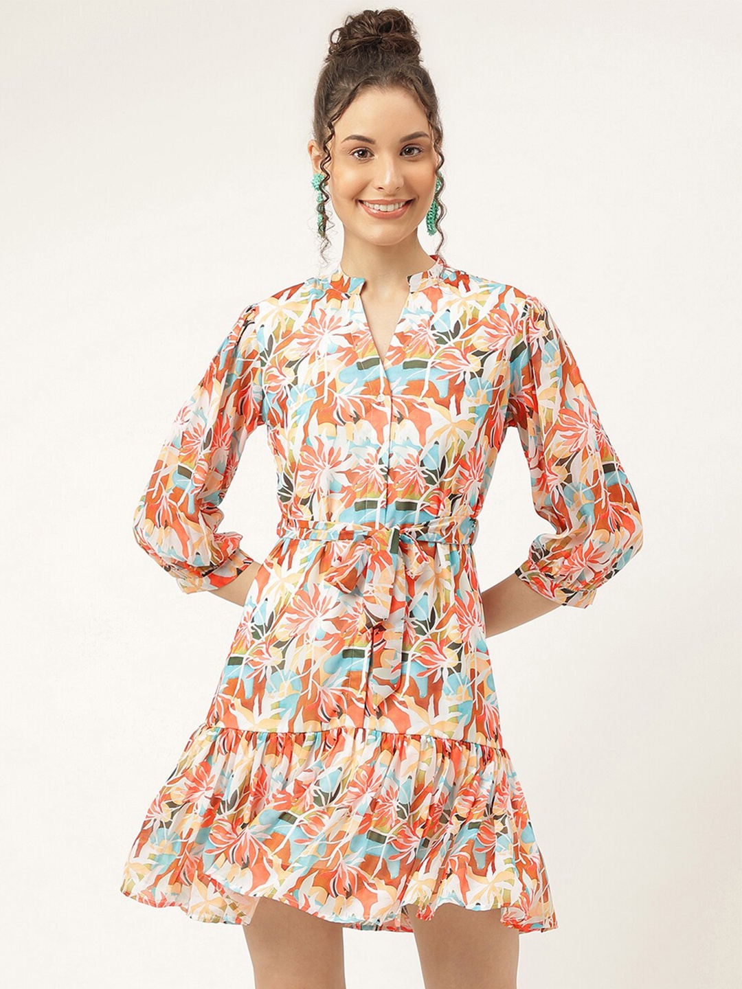 

Masakali.Co Floral Printed Mandarin Collar Puff Sleeves Fit & Flare Dress, Orange