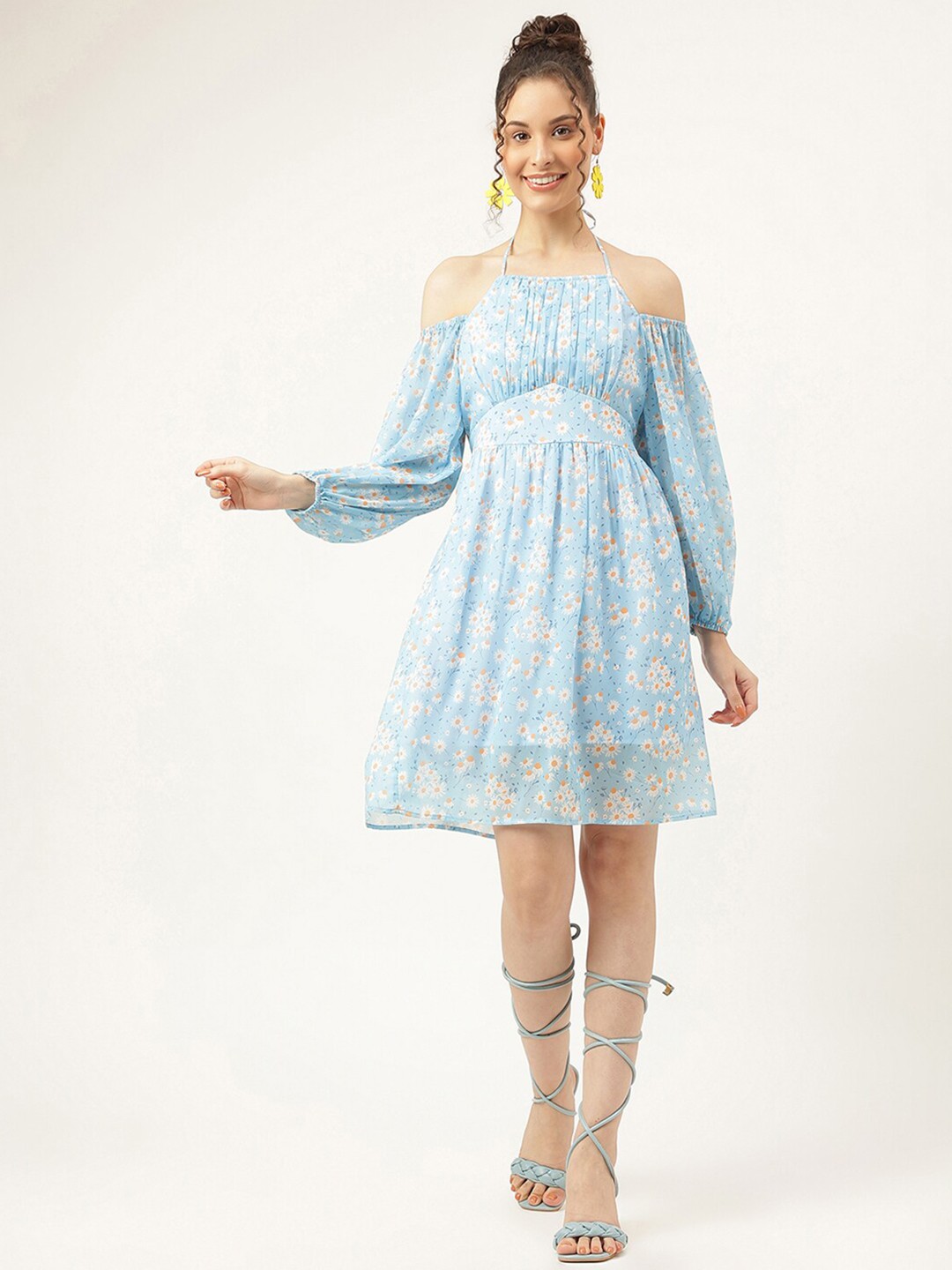 

Masakali.Co Floral Printed Shoulder Straps Cold-Shoulder Georgette Fit & Flare Dress, Blue