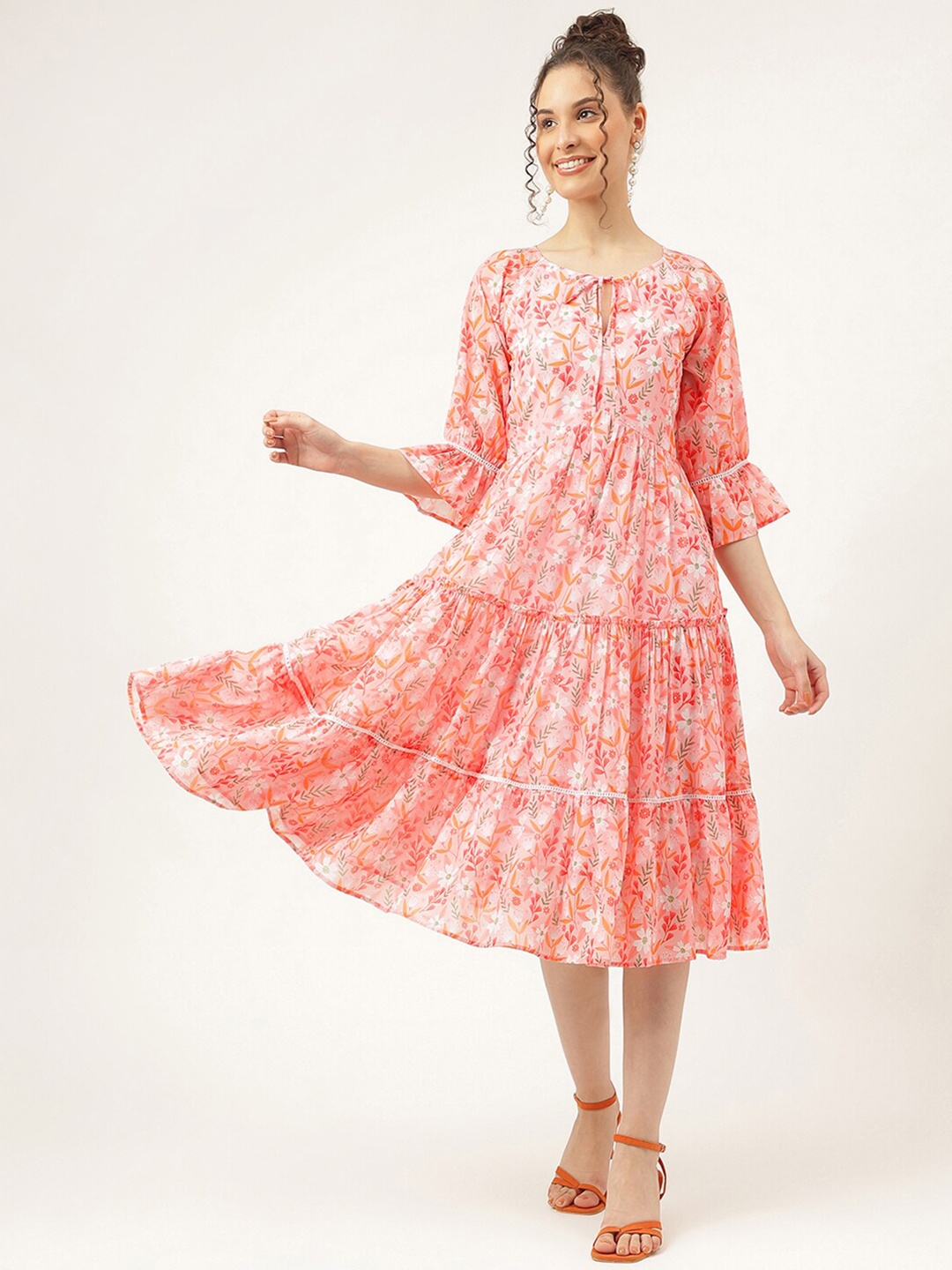 

Masakali.Co Floral Printed Tie-Up Neck Bell Sleeves Georgette Fit & Flare Midi Dress, Peach
