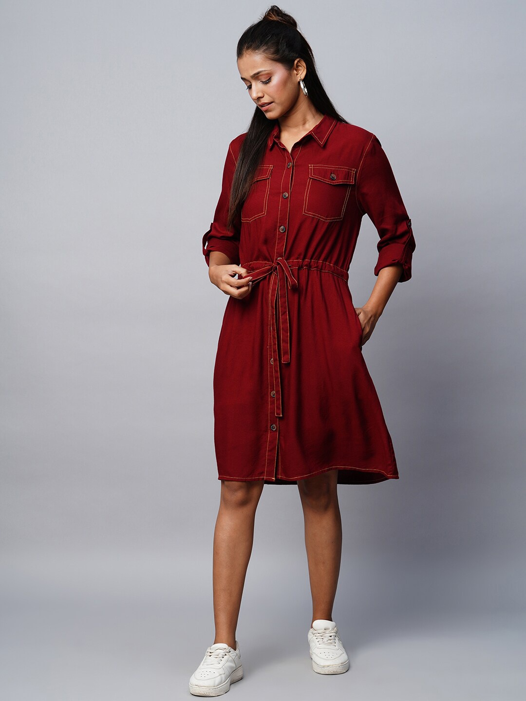 

Chemistry Shirt Collar Tie-Up Detail Shirt Dress, Burgundy