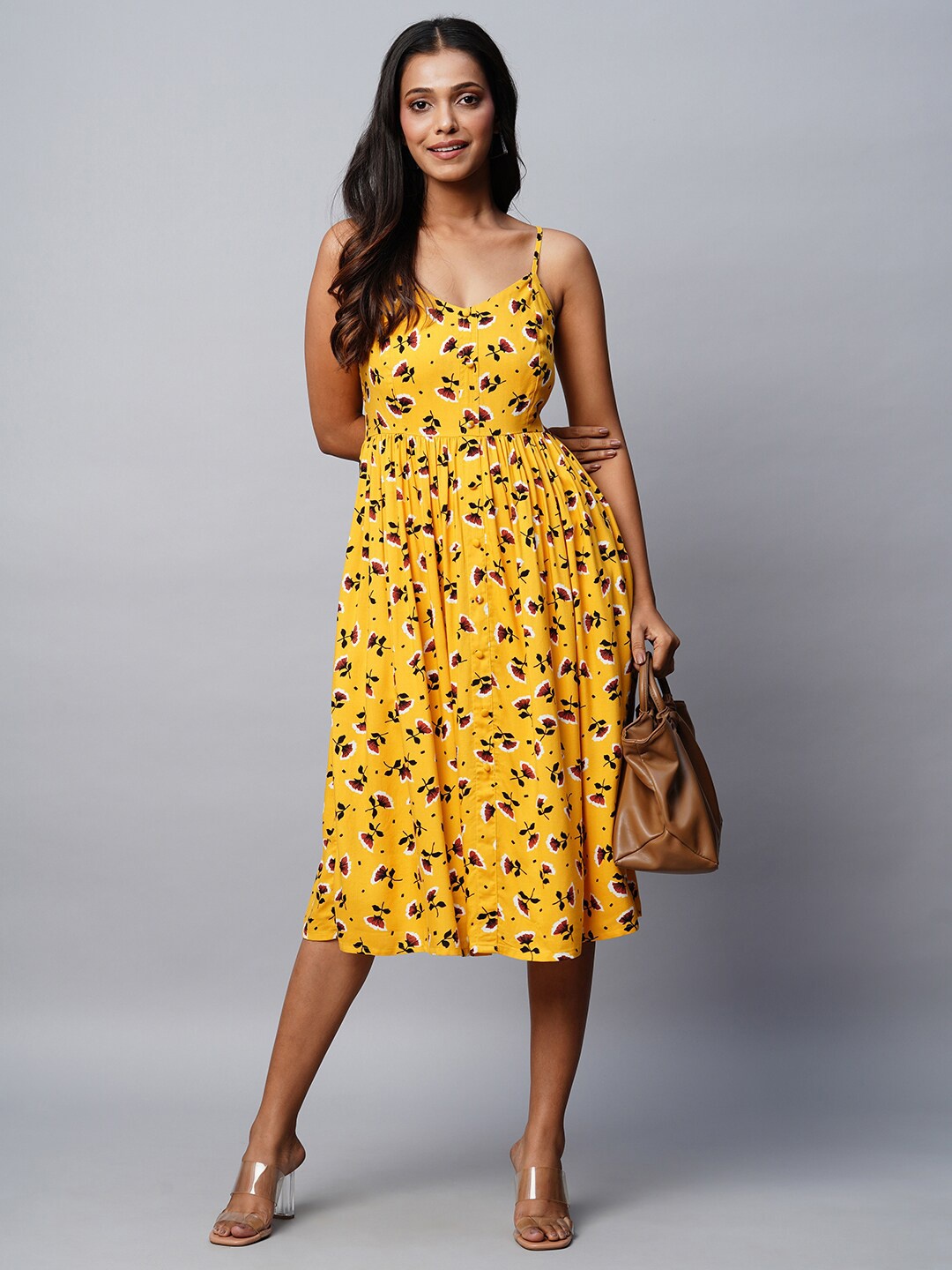 

Chemistry Floral Printed Shoulder Strap Sleeveless Gathered Fit & Flare Midi Dress, Yellow
