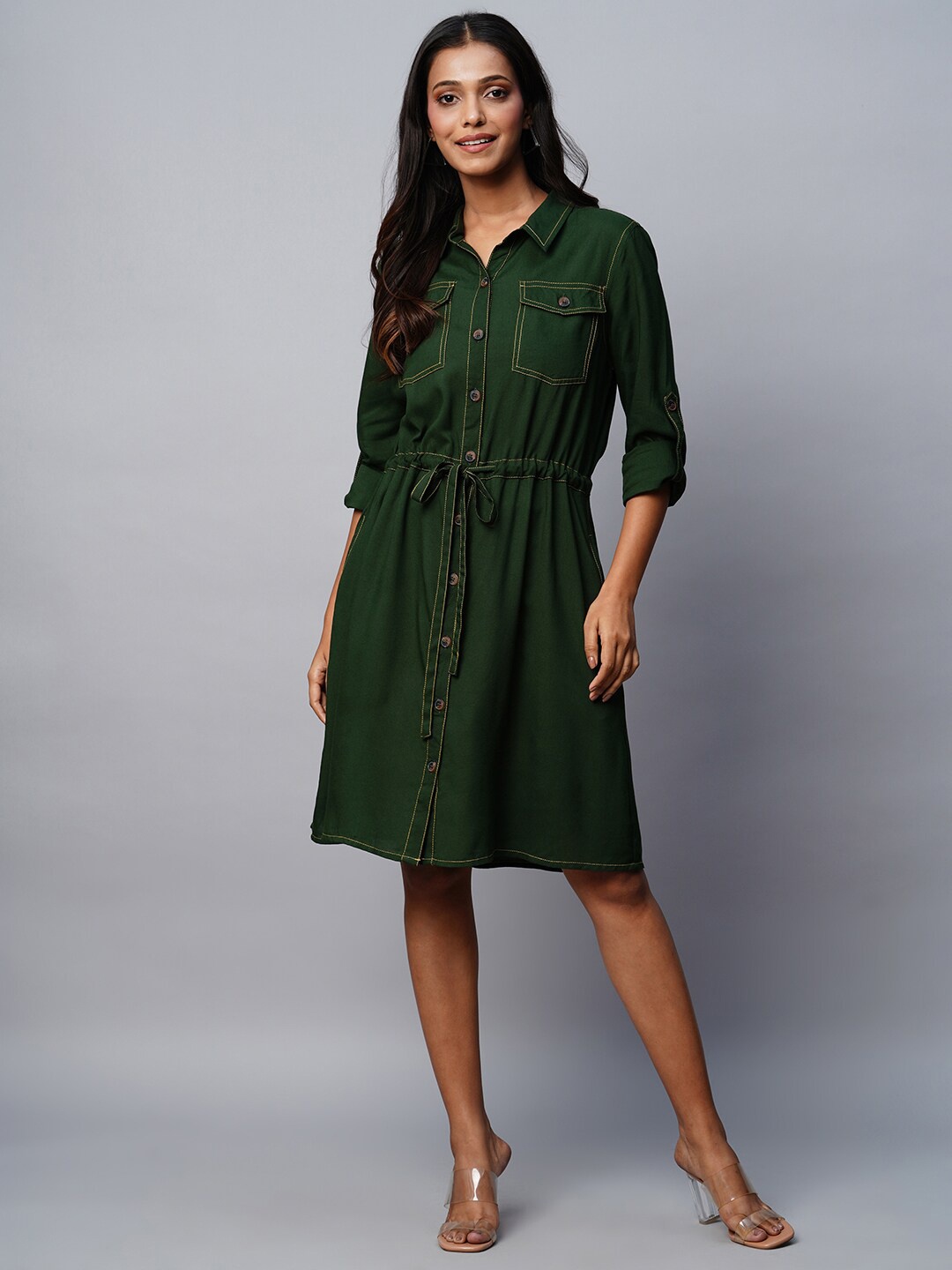 

Chemistry Shirt Collar Tie-Up Detail Shirt Dress, Olive