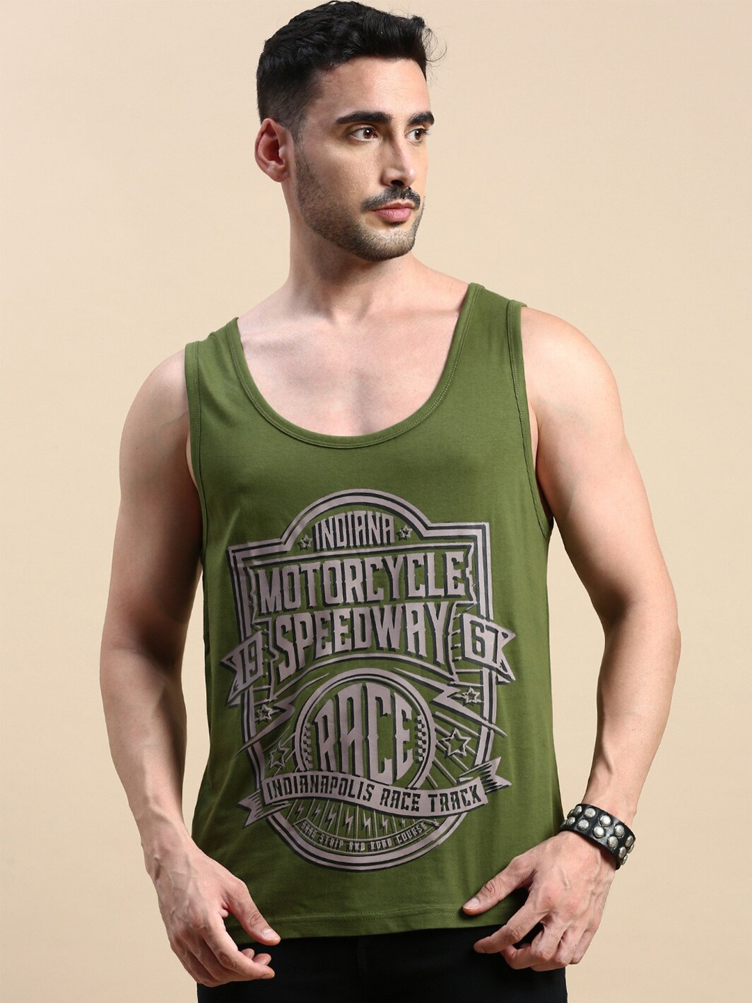 

BLACK RADIO Round Neck Typograpgy Printed Cotton T-shirt, Olive