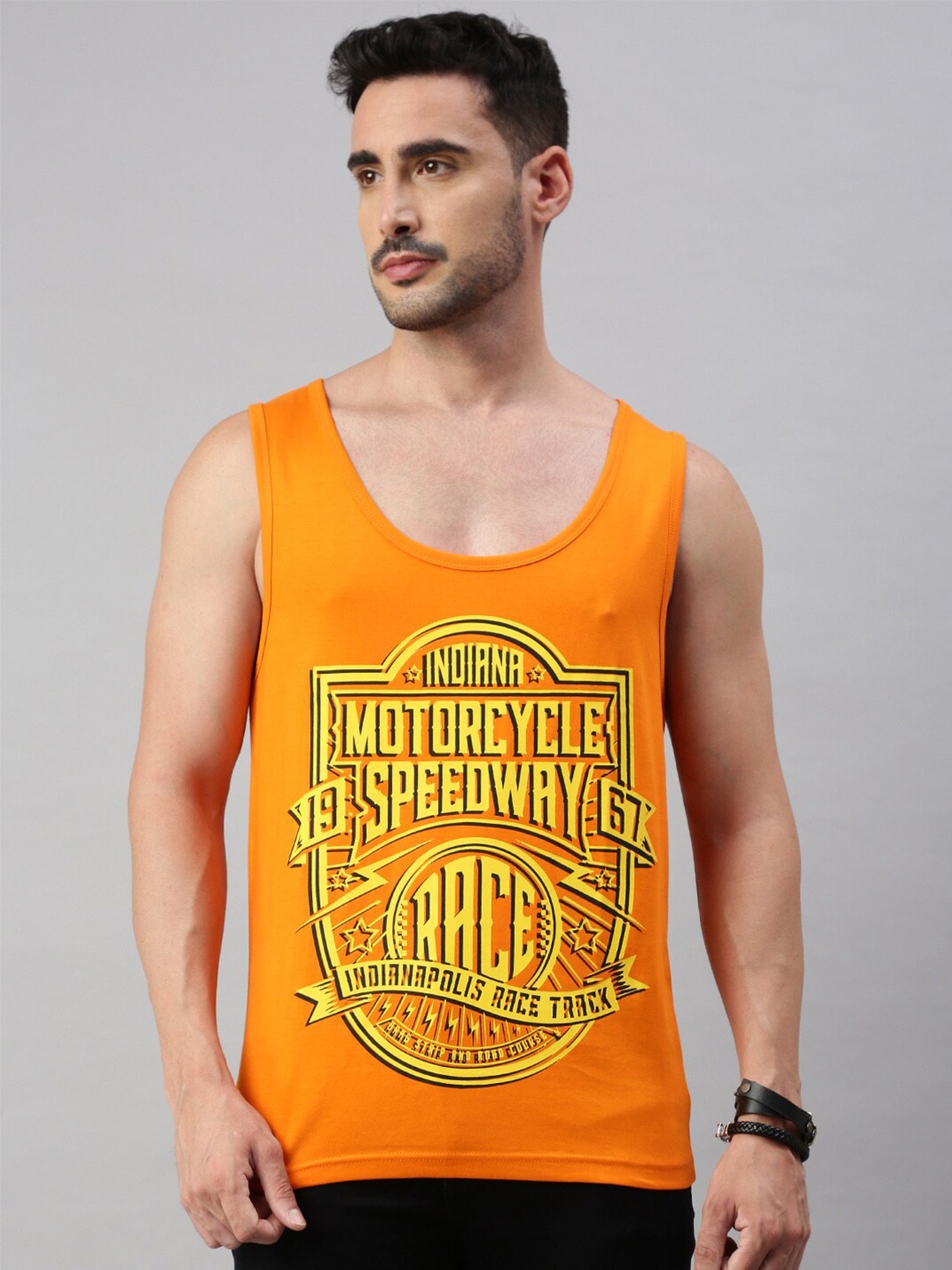 

BLACK RADIO Round Neck Typograpgy Printed Cotton T-shirt, Orange