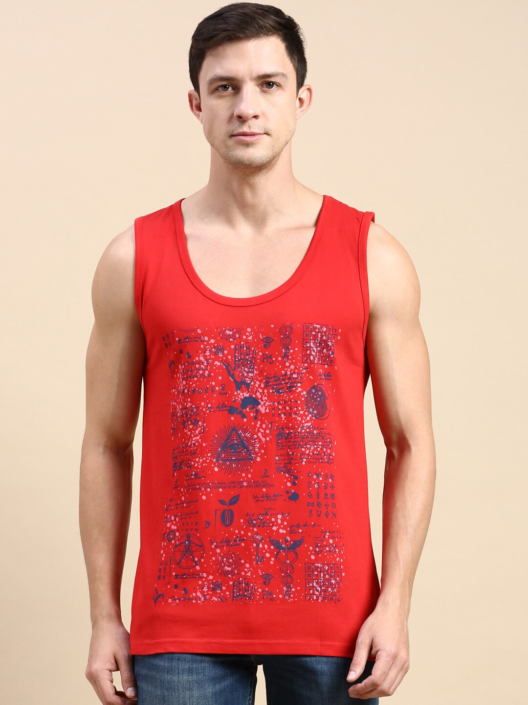 

BLACK RADIO Graphic Printed Sleeveless Pure Cotton T-shirt, Red