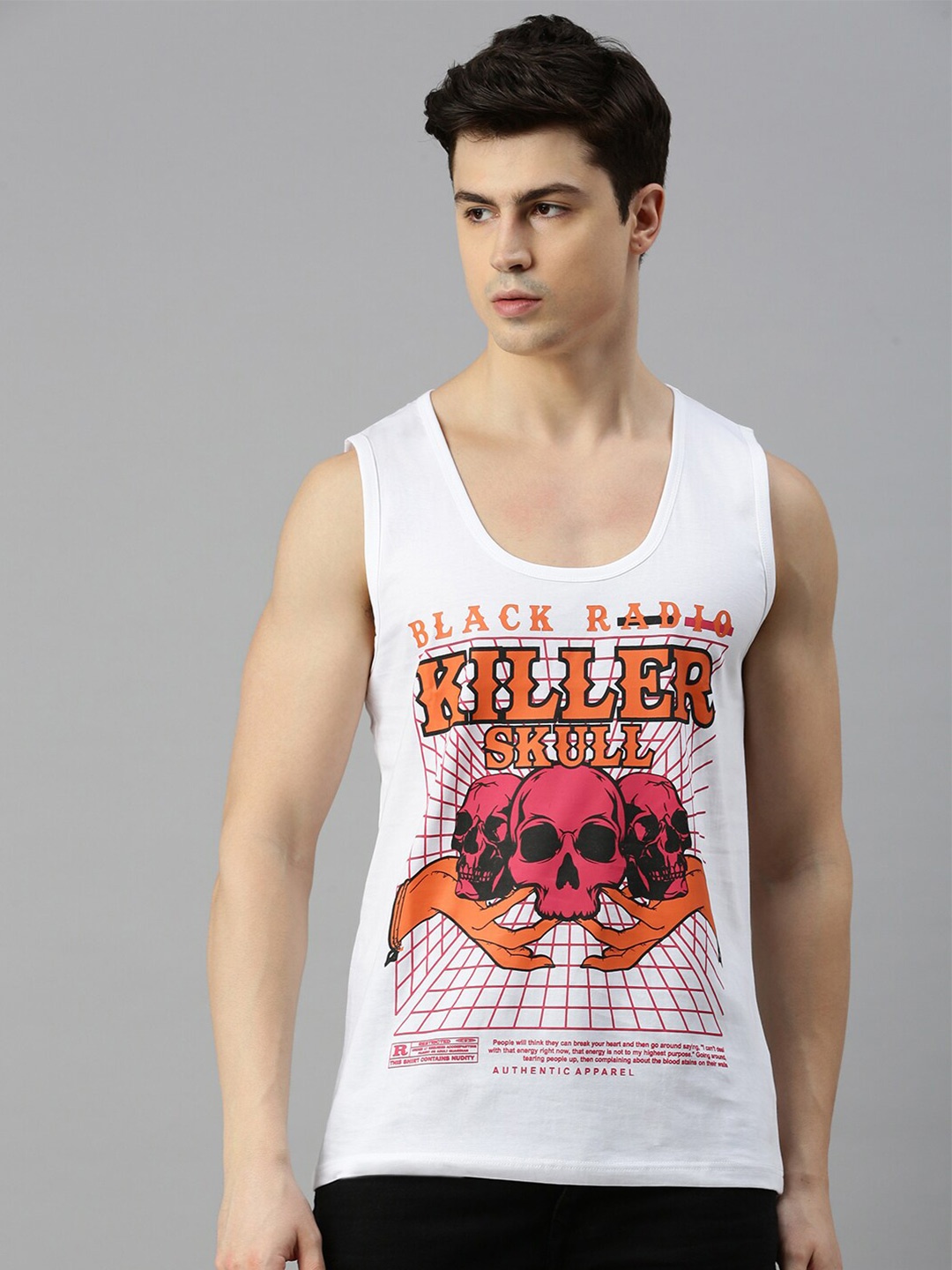

BLACK RADIO Graphic Printed Sleeveless Pure Cotton T-shirt, White